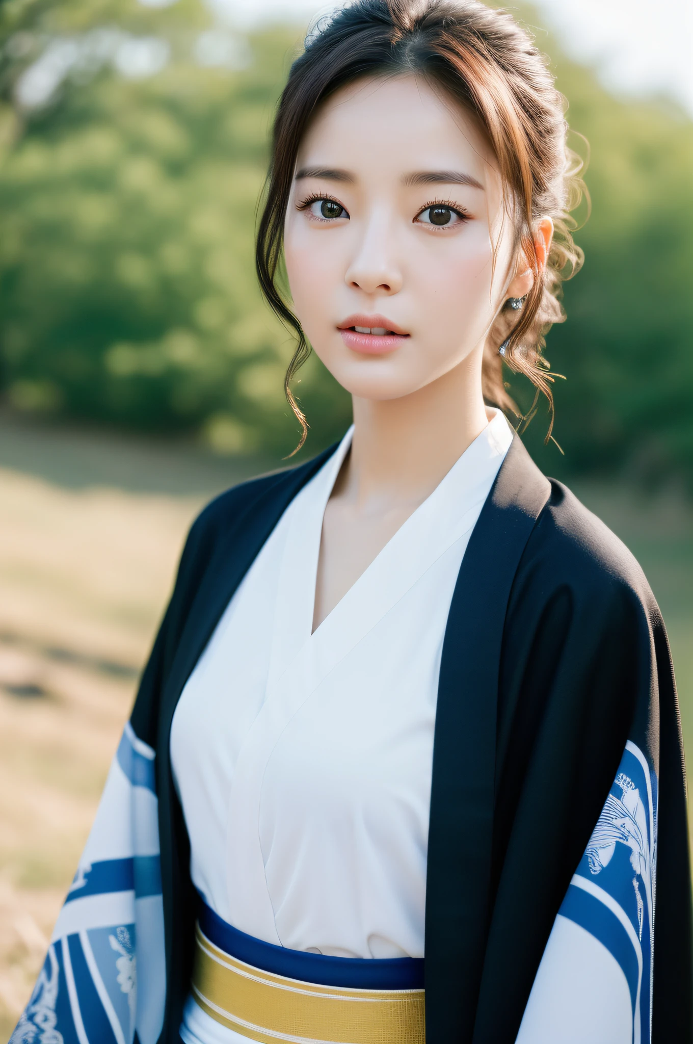 ((Best Quality, 8K, Masterpiece: 1.3)), Sharp Focus: 1.2, (Super Beautiful Face: 1.0), (Glossy Skin: 1.0), Realistic Photos, Black Hair, Realistic Pupils, Movie Lighting, Highly Detailed Eyes and Faces, Movie Lighting, (Cowboy Shot: 1.0), (Kimono, Hakama, Obi: 1.15), In Nature, (Korean Cute Actress)