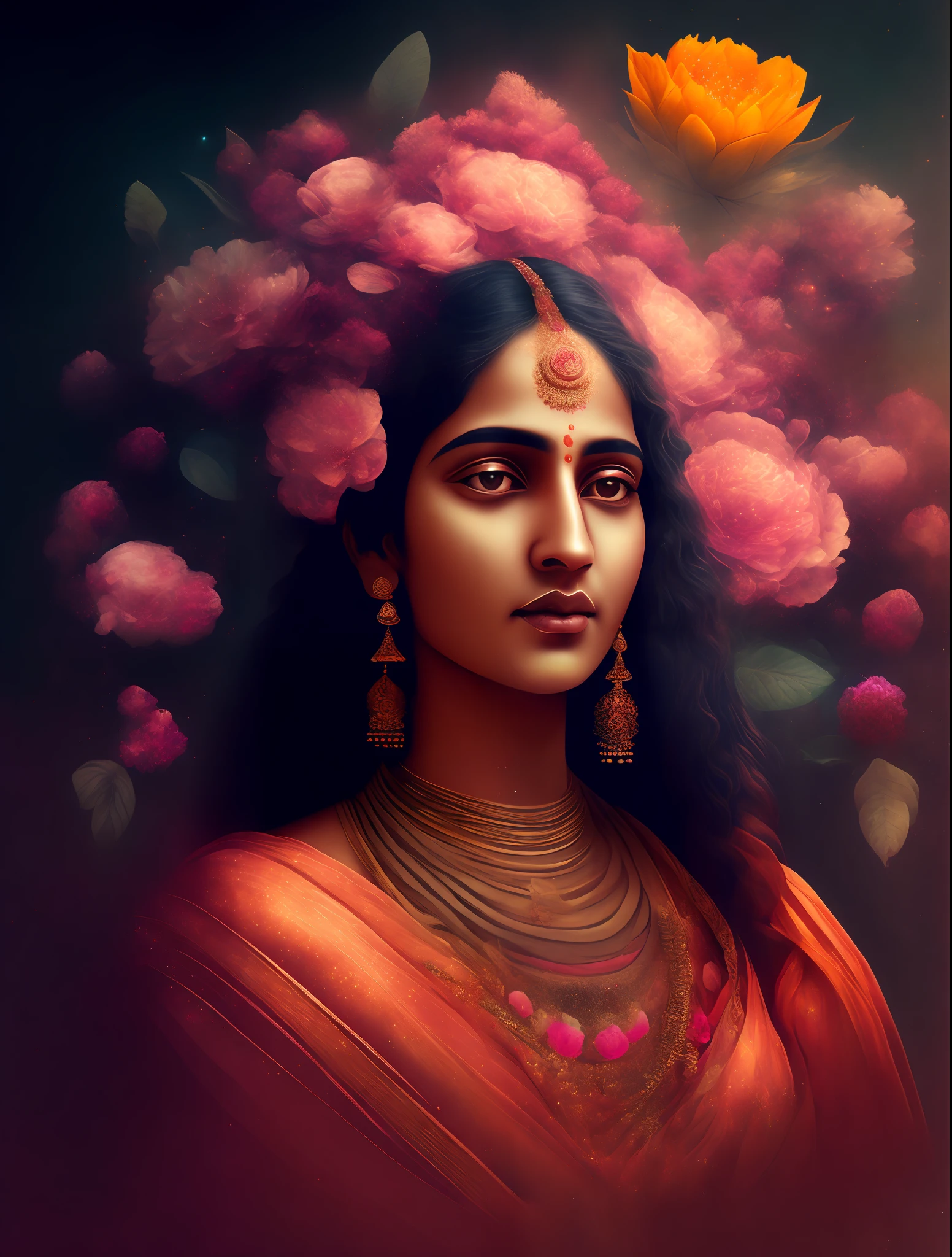 Indian goddess wearing a sari, background of flowers, cosmic mother