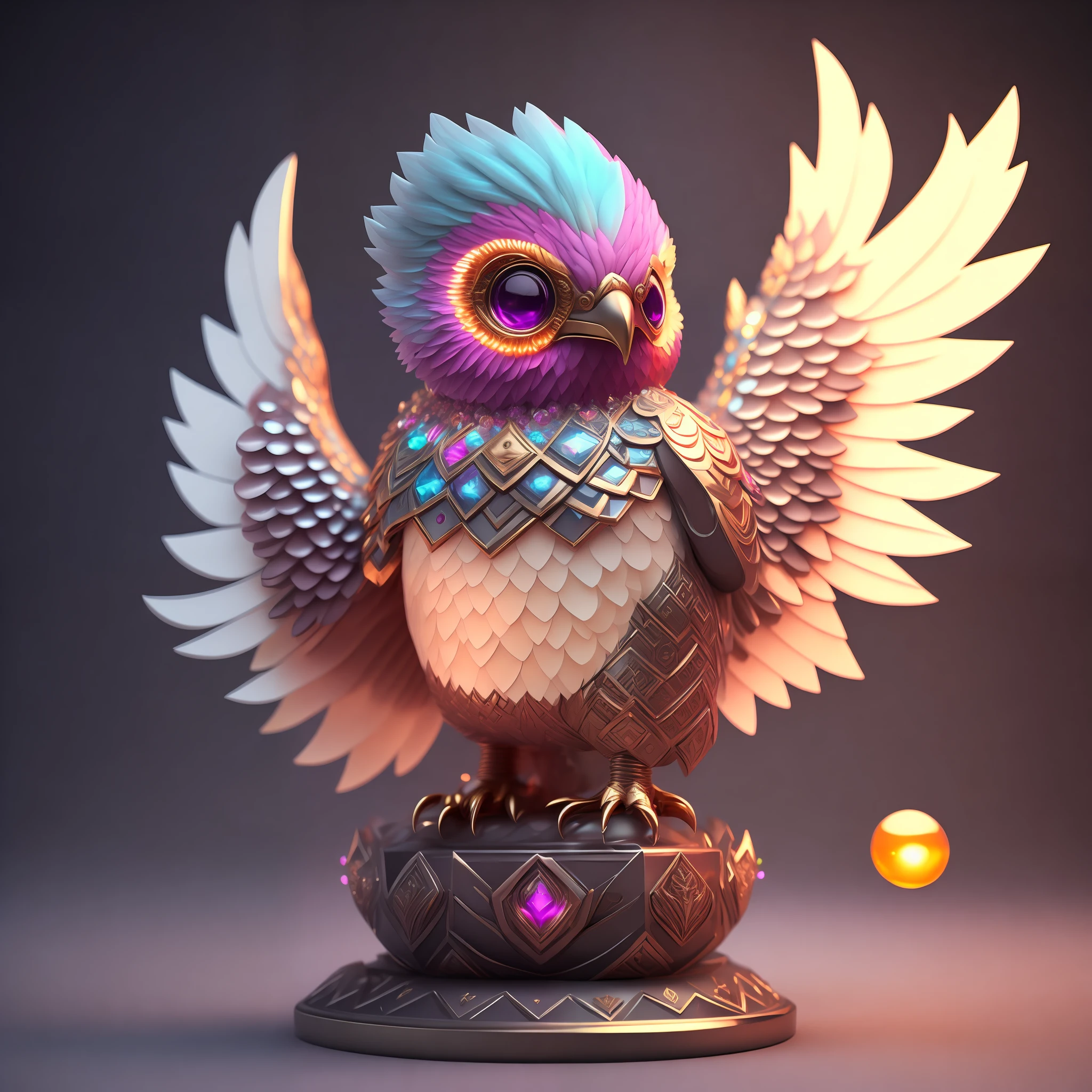 Photo of DivineStatue InkPunk (extra weapon), a cute little chubby phoenix, made of crystal balls, highly detailed complex concept art trend with low-poly eyes artstation 8k
