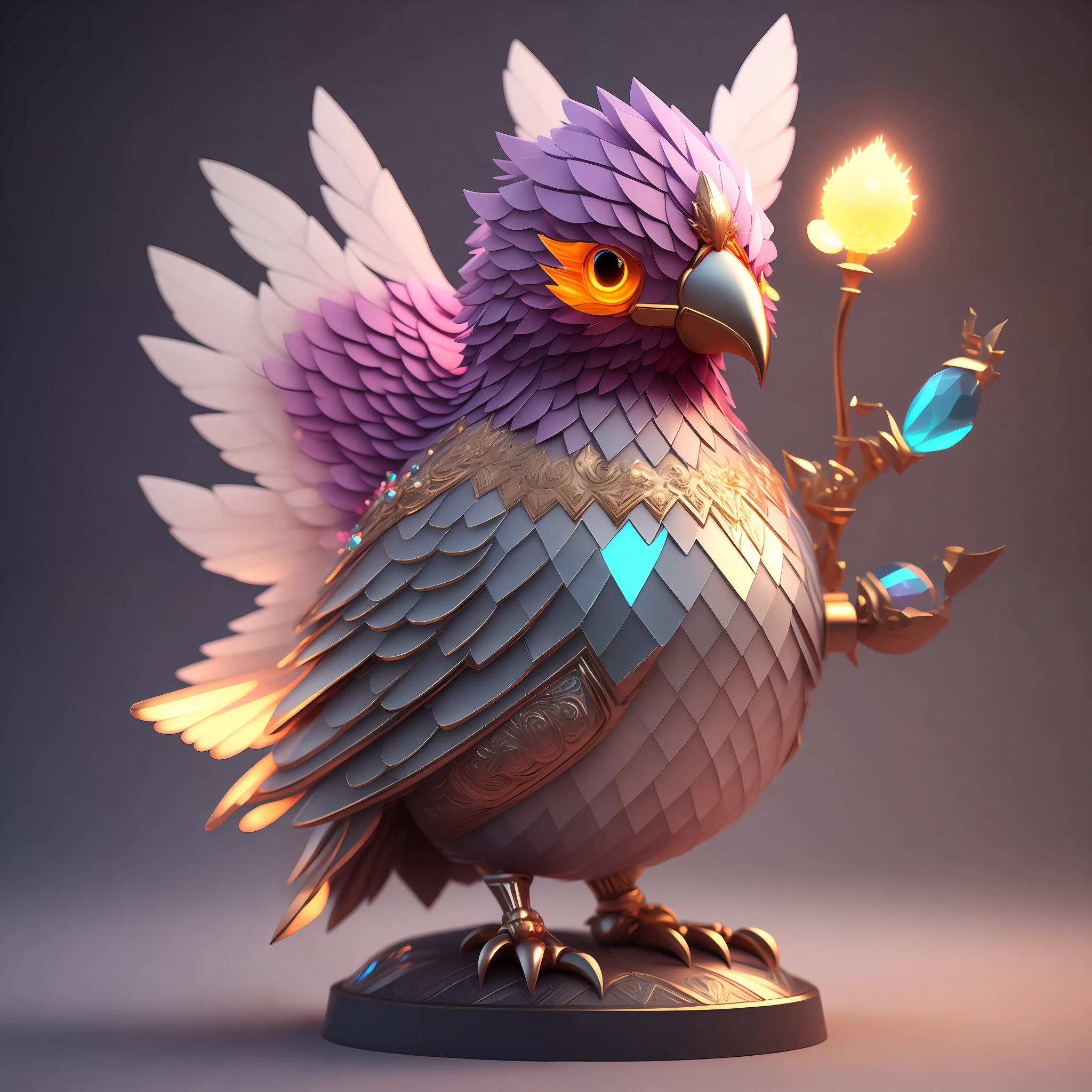 Photo of DivineStatue InkPunk (extra weapon), a cute little chubby phoenix, made of crystal balls, highly detailed complex concept art trend with low-poly eyes artstation 8k