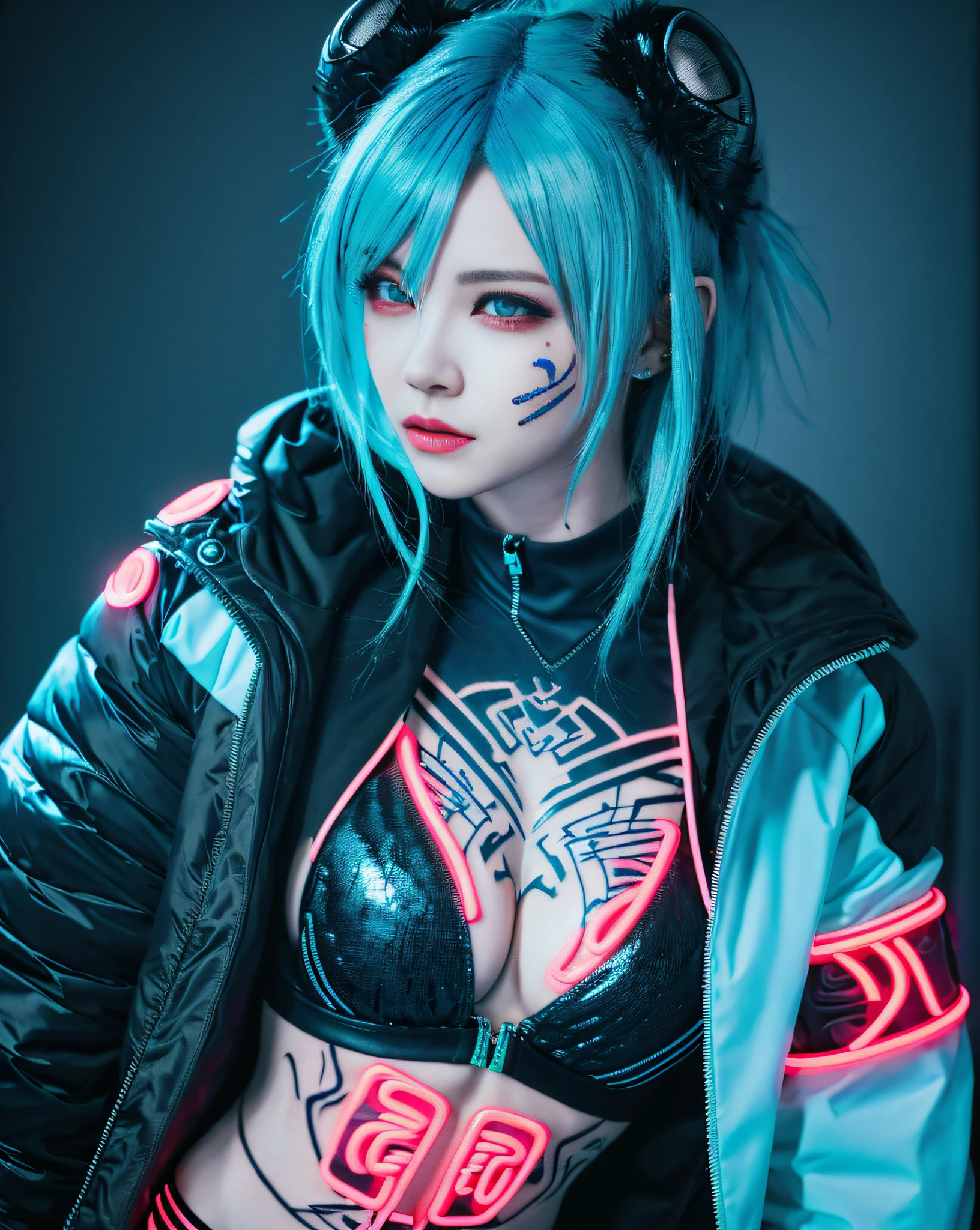 (((large breasts, cleavage, large breasts, neon body tattoo, body relief, marking clothing))) a closeup of a petite woman with blue hair and a jacket, cyberpunk anime digital art, anime style 4 k, best anime 4k konachan wallpaper, cyberpunk digital - anime art, badass anime 8 k, trigger anime artstyle, 4 k manga wallpaper, anime styled digital art,  Cyberpunk Art Anime, Cute Guy in Demon Slayer Art, 4K Anime Wallpaper