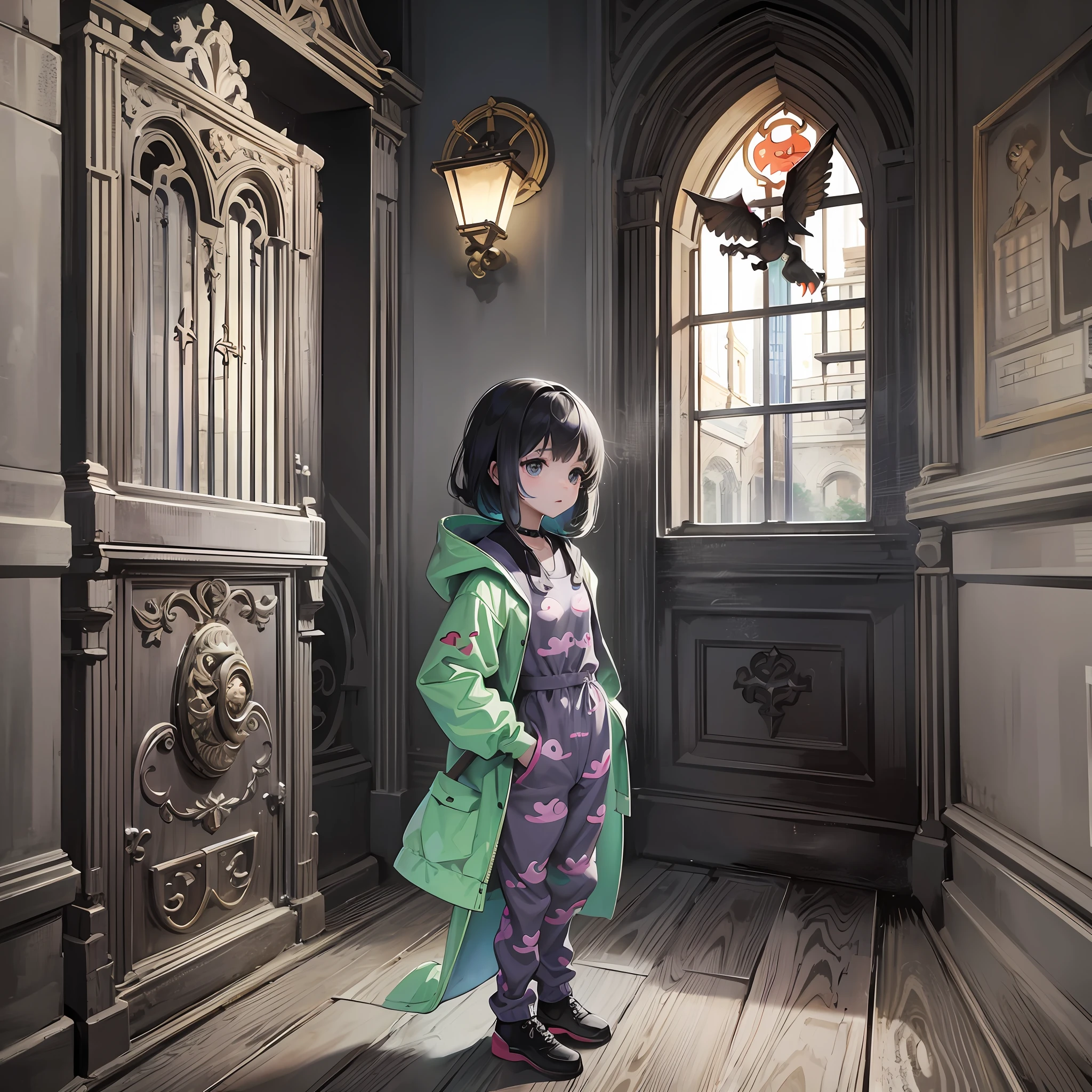 "Cartoon style, church gate background, medium view A little girl in dinosaur pajamas appears in the corner, the environment is dim, the overall color is gray and black, and the atmosphere is serious." --auto --s2