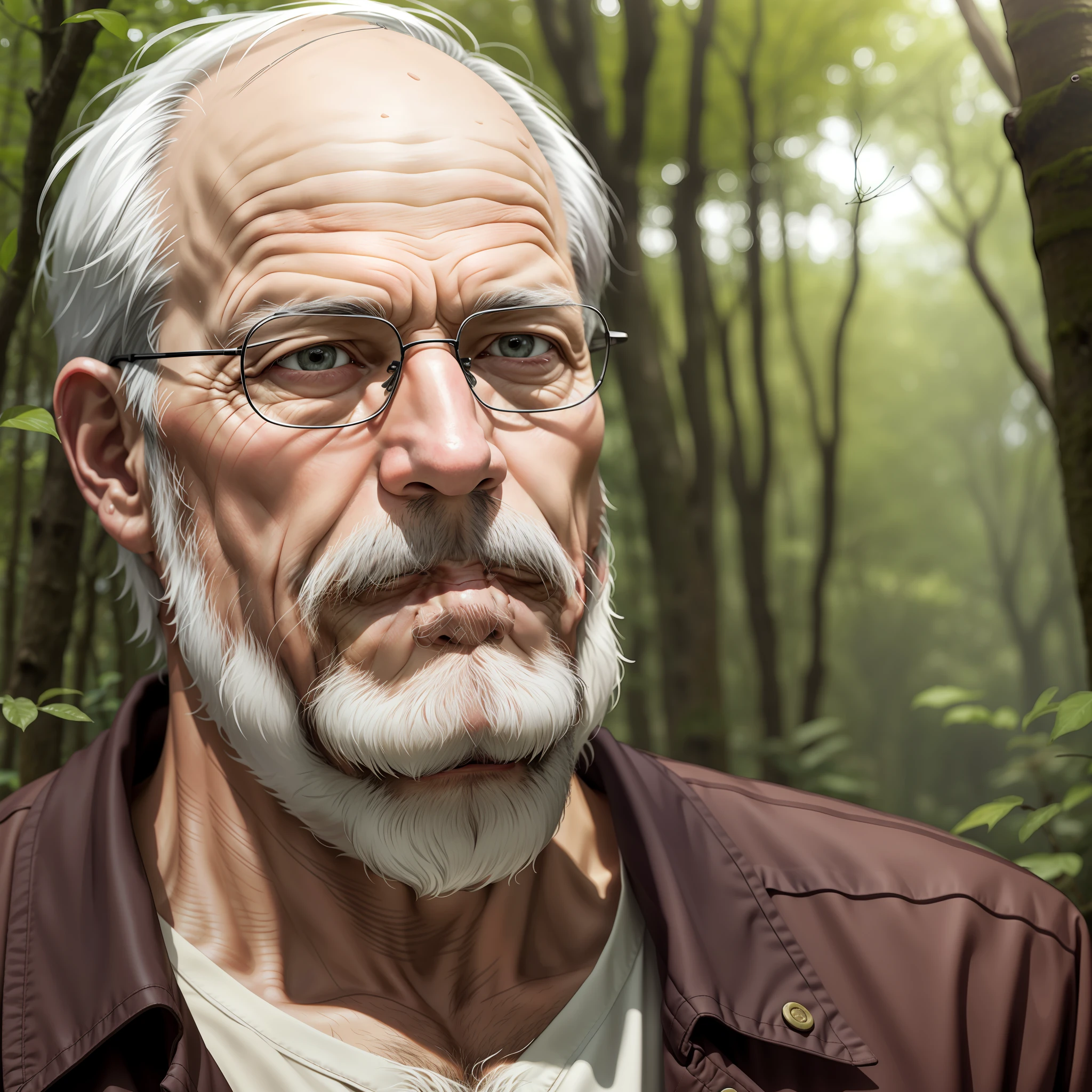 Photograph of an old man with wrinkled skin and gray beard, in a woods, ultra realistic, ultra detailed, photorealistic