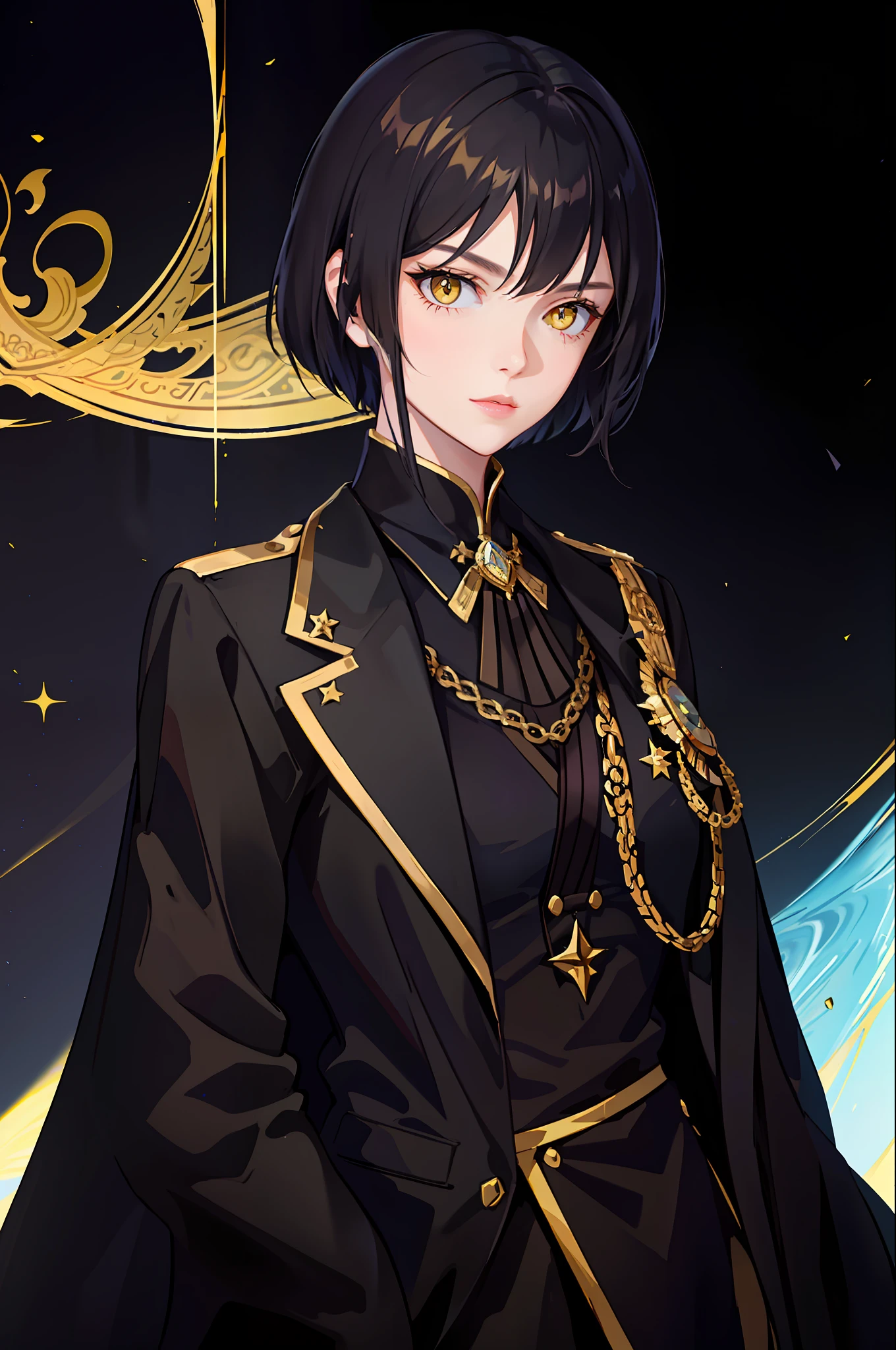 Portrait of a beautiful young woman, villain, yellow eyes, black short hair, square, black general's uniform, empire