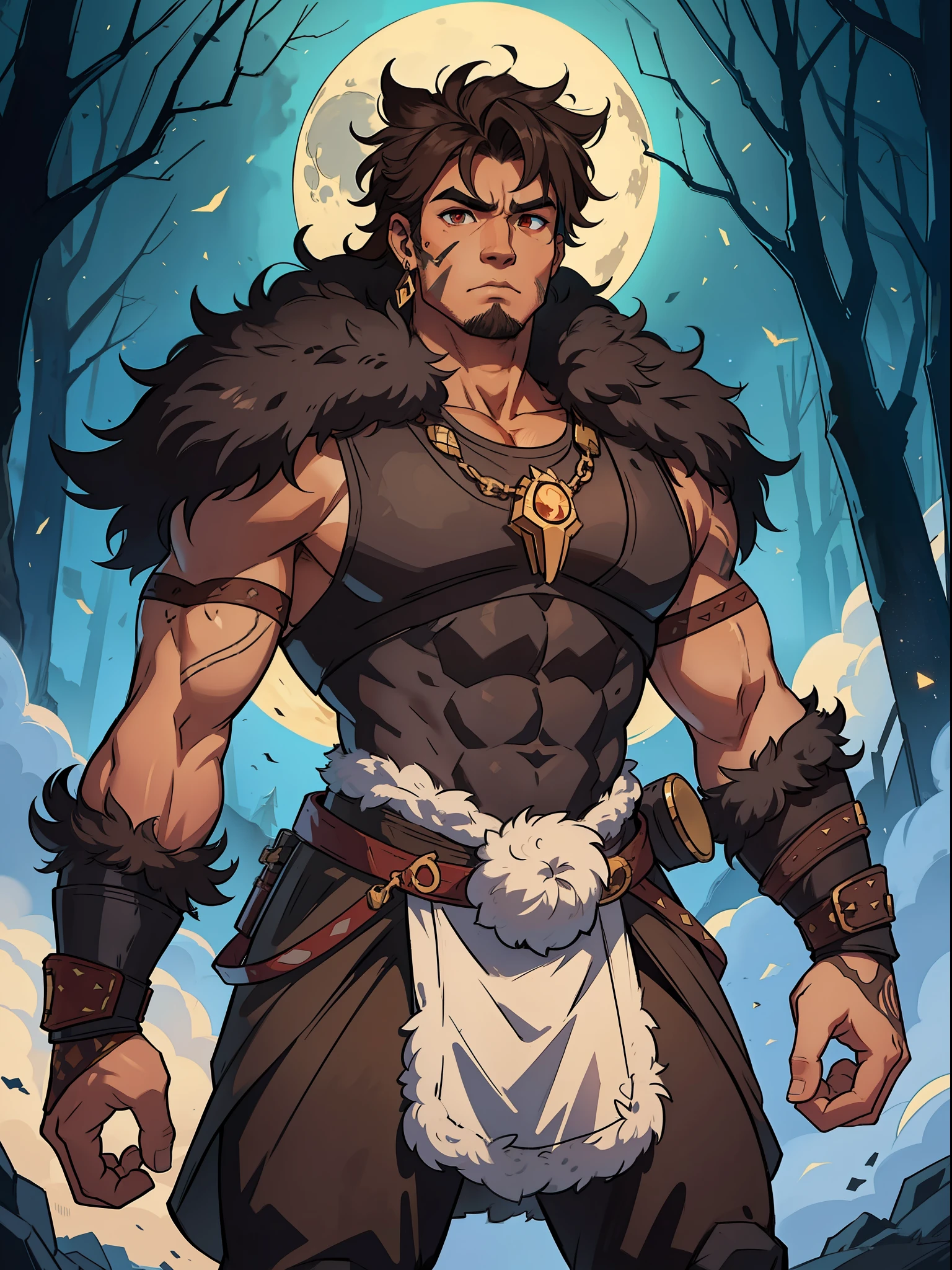 A man a savage barbarian warrior wearing a manly hunter costume who has red colored eyes and very dark brown hair of medium length at the height of the neck, his body is covered by many tribal tattoos and is muscular This big and wide man has an intimidating look is a character from a medieval RPG Make it in the middle of a dark night forest with cold colors and low light and a Amazing and beautiful sky with the cosmos and the full moon, he wears a wolf's tooth earring made from a wolf's tooth put a battle suit on him a hunter's costume made of animal skin and fur