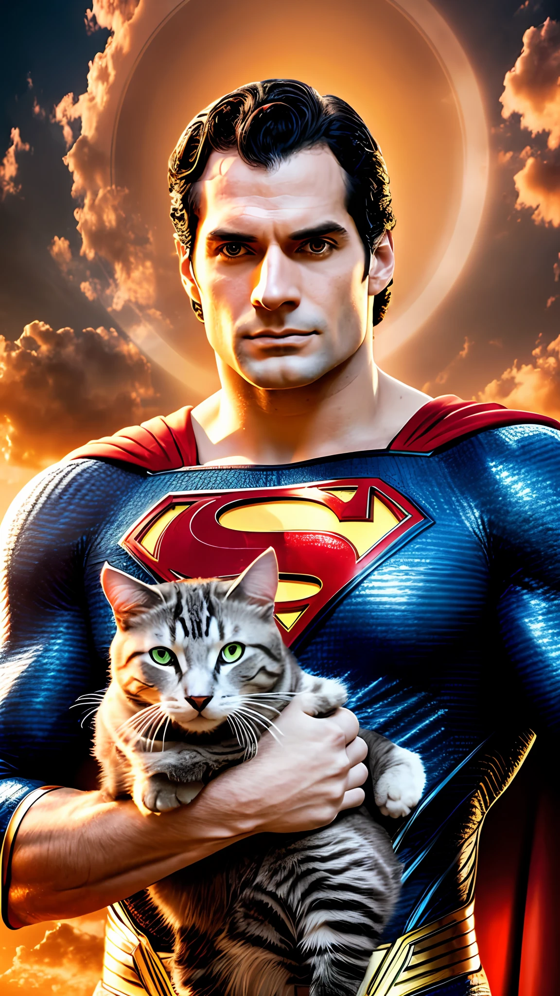 superman holding a cat, in the style of vivid portraiture, cinematic lighting, uniformly staged images, metropolis meets nature, dark orange and sky-blue, celebrity photography, striped, henry cavill --auto --s2