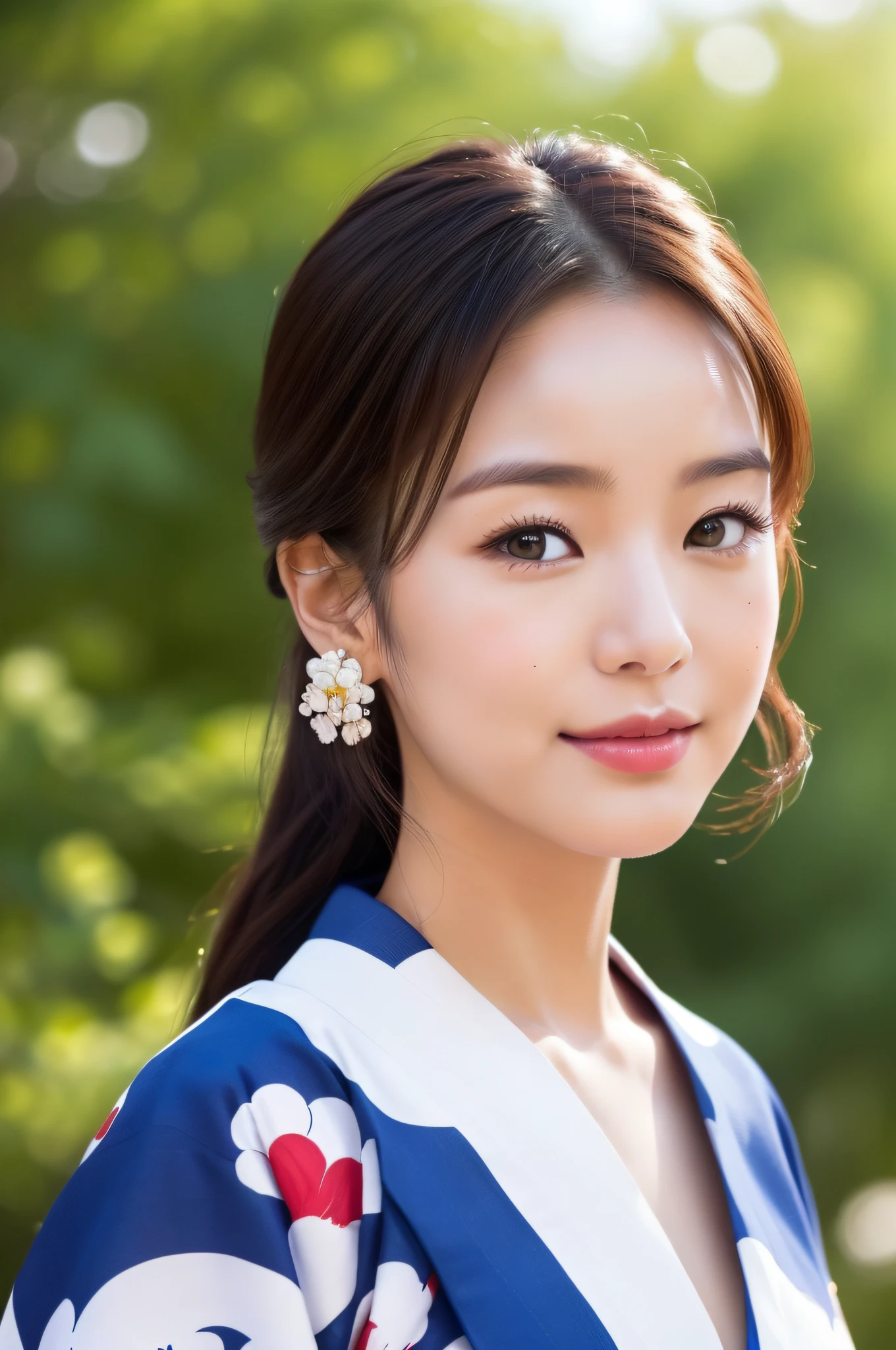 ((Top Quality, 8K, Masterpiece: 1.3)), Sharp Focus: 1.2, (Super Beautiful Face: 1.0), (Slender Abs Beauty: 1.0), (Shiny Skin: 1.0), Realistic Photography, Black Hair, Realistic Pupils, Video Lighting, High Definition Eyes and Face, Video Lighting, (Cowboy Shot: 1.3), kimono, hakama, obi, (Korean Cute Actress), in nature, traditional kimono, happy, Looking at the audience, head on,