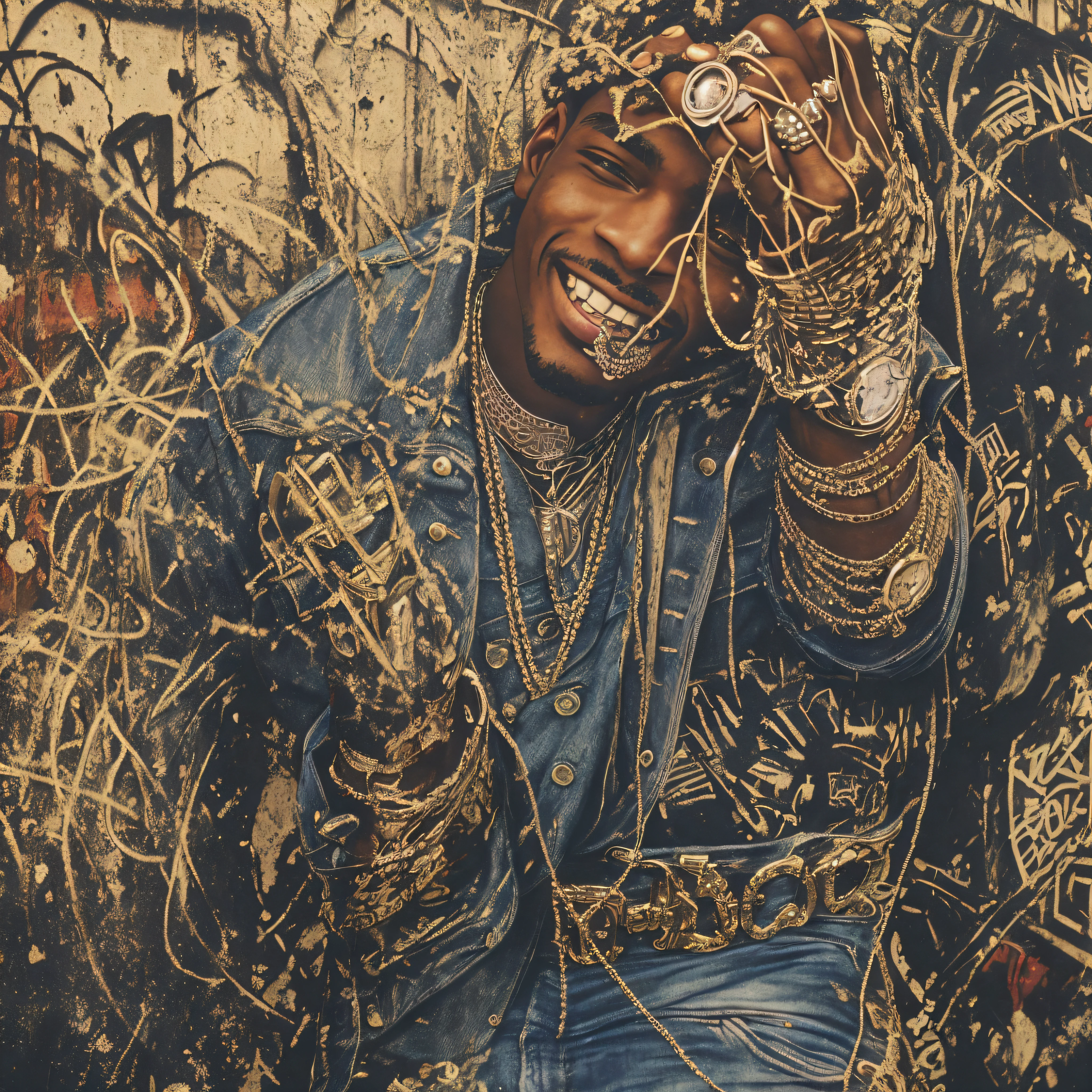 (DETAILED DESCRIPTION) PHOTO ESSAY WITH BLACK MAN SMILING, SILVER ACCESSORY, GRILLZ IN THE TEETH, ALL JEANS OUTFIT, FULL OUTFIT, BLACK MAN GANSTAR, 1.80, 2PAC, GANGSTAR, graffiti on wall in the background, smoke of boeiro,, PHOTO TAKEN ON THE STREETS OF BROOKLYN, NEW YORK, PERIOD OF THE 1980S, KODAK PORTRA 800, 35MM, f2.5, natural light, grain of film --auto --s2