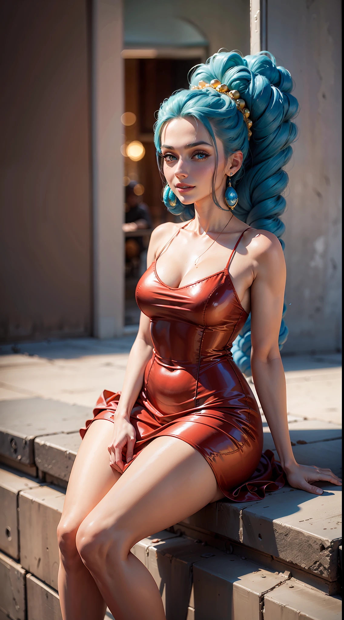 masterpiece, maximum quality, ultra high resolution, 8k, Marge Simpson (The Simpsons), full body, alone, very thin, very detailed face, incredibly identical face, detailed eyes, mischievous smile, cheerful, human pellet, short red dress, realistic photo, totally realistic, human pellet, studio lighting, on the streets of Springfield, fully humanized, perfect, identical in every detail