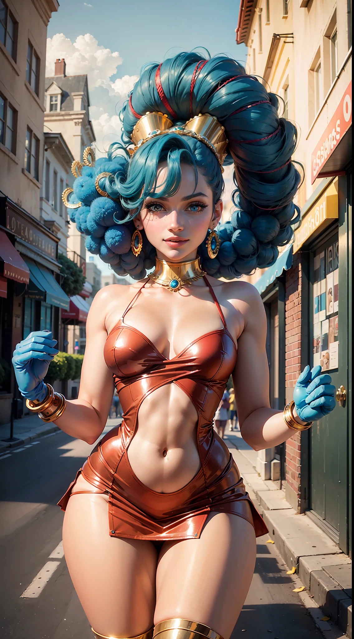 masterpiece, maximum quality, ultra high resolution, 8k, Marge Simpson (The Simpsons), full body, alone, very thin, very detailed face, incredibly identical face, detailed eyes, mischievous smile, cheerful, human pellet, short red dress, realistic photo, totally realistic, human pellet, studio lighting, on the streets of Springfield, fully humanized, perfect, identical in every detail