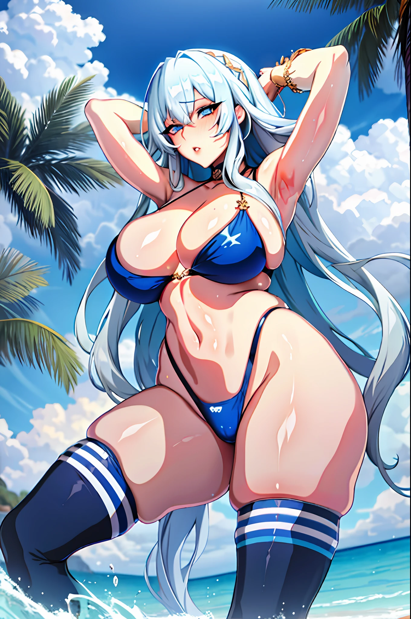 1girl, areola slip, armpits, arms behind head, arms up, bangs, beach, bikini, blue eyes, blue sky, blush, breasts, cleavage, covered, curvy, day, female pubic hair, huge breasts, lips, long hair, looking at viewer, micro bikini, navel, ocean, outdoors, parted lips, pubic hair, sitting, skindentation, sky, solo, swimsuit, thick thighs, thighhighs, thighs, very long hair, wet, white bikini, white hair, white thighhighs,(shiny skin),realistic,puuzaki puuna,(masterpiece:1.4),(best quality:1.4)
