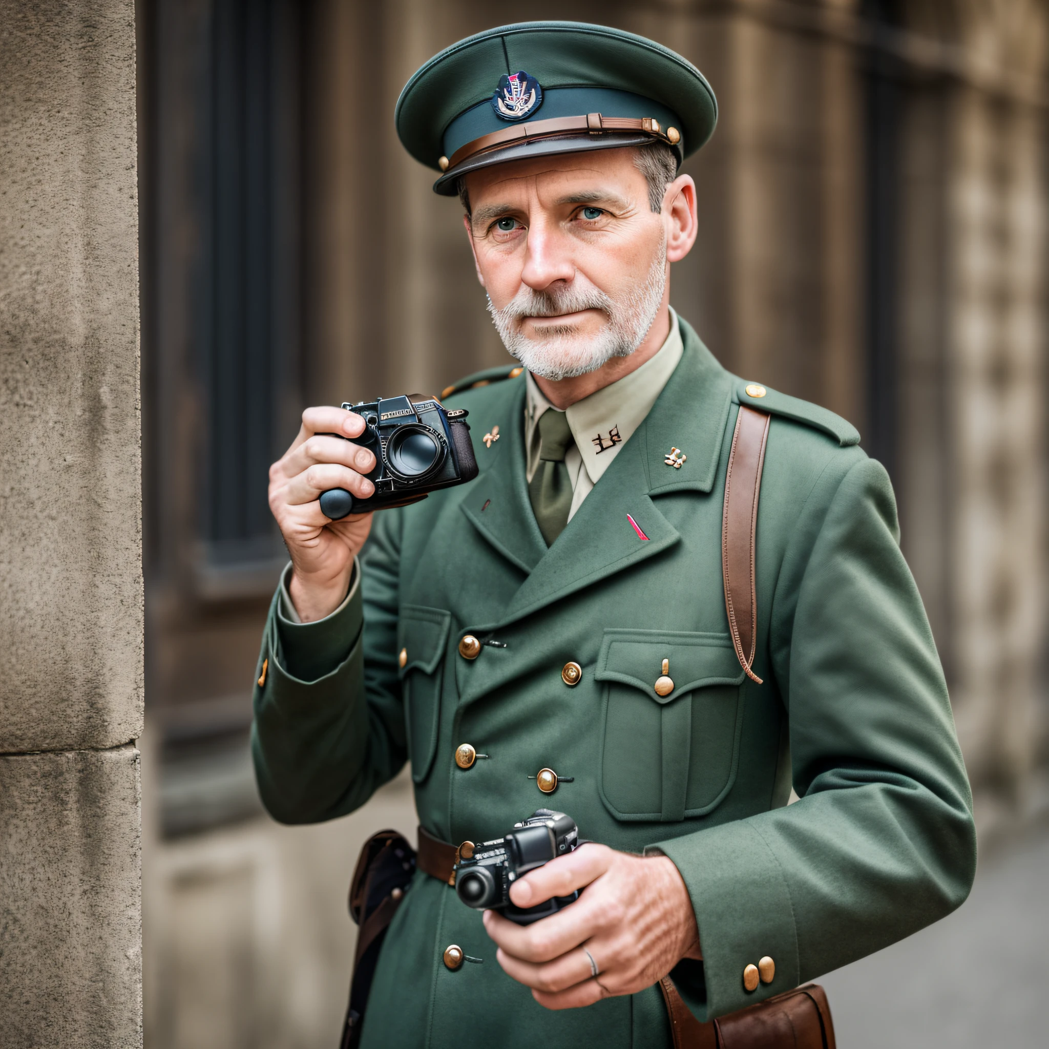 Photographer and writer of the second world war, English man, 40 years old, cadet clothes, camera in hand, perfect hand, hand with 5 fingers, enthusiastic look, dirty uniform, cinematography, realistic, 8k. --auto --s2