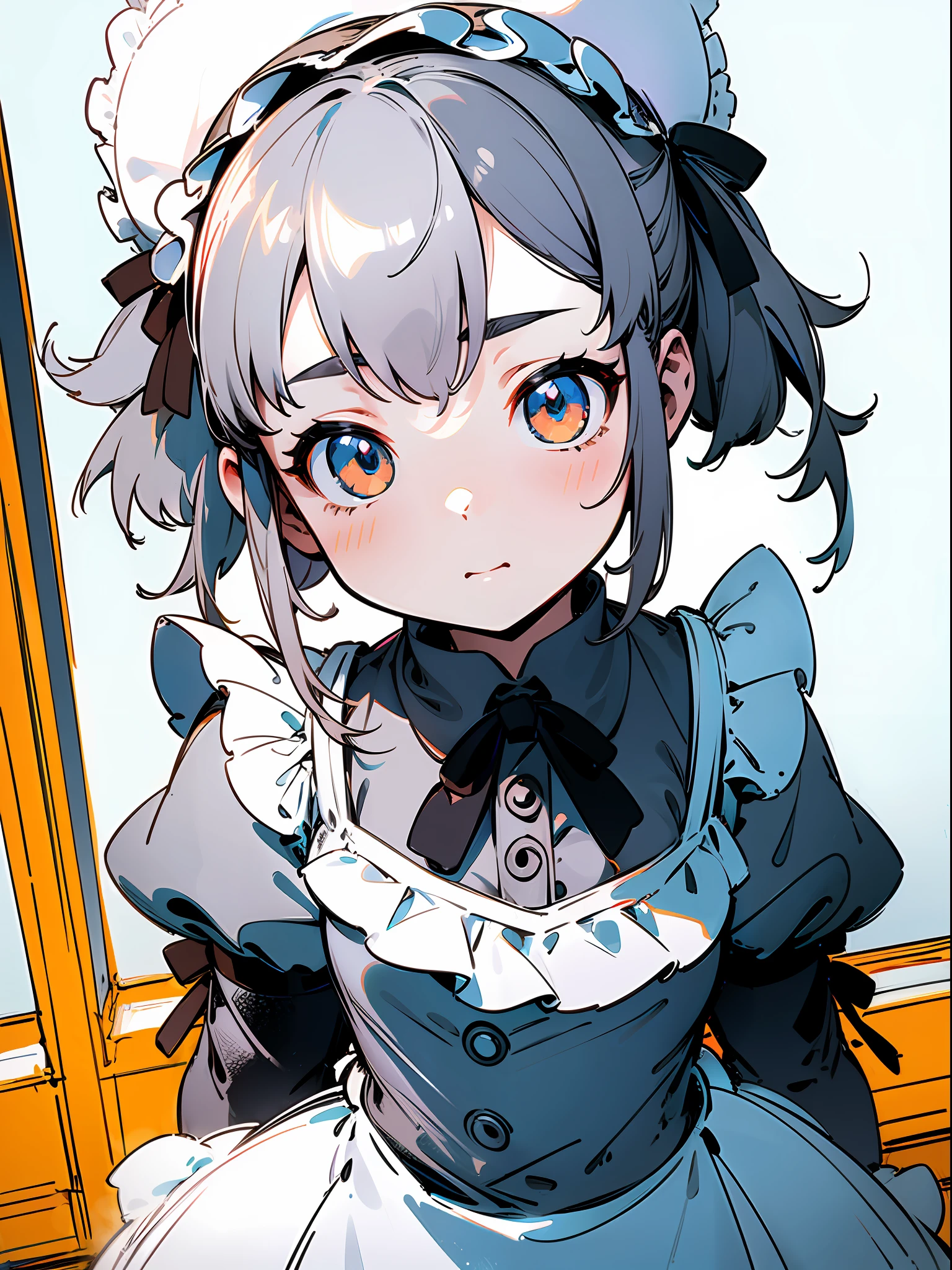 ((Best Quality)), (((Flat Color))), Thick Profile, Medium Lens, Bright Soft Diffuse Light, Depth of Field, LOLI, ((Upper Body)), From Above, Black and White Maid Outfit, Genki Perspective