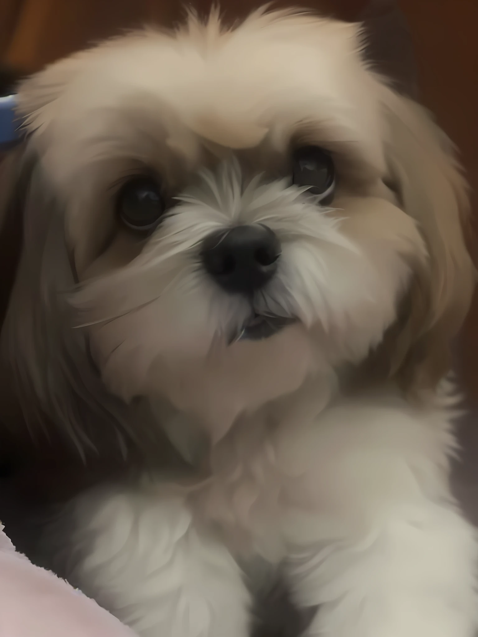 Araffe dog sitting on a bed with a hairbrush in his mouth, shih tzu, bella, cute dog, cute furry needs your help, small dog, aw, 2 years old, beautiful girl, shui mo hua, small chin, beautiful grumpy girl, looking straight, looking at the camera, help me, cute cute, lv, 5 years old,  2023 photo, professional camera, 4K
