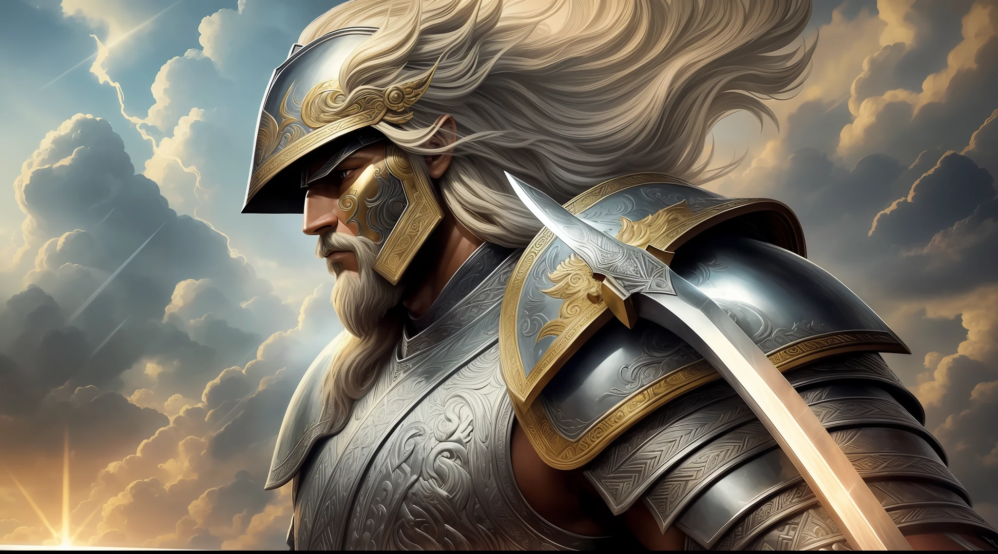 (best quality, masterpiece), a robust and protective warrior, who symbolizes divine strength and protection, dressed in powerful armor and carrying a large sword, his face is marked by time and the many challenges faced, a majestic background with the heavenly light nobly poured over him, a heroic and imposing portrait. --auto --s2