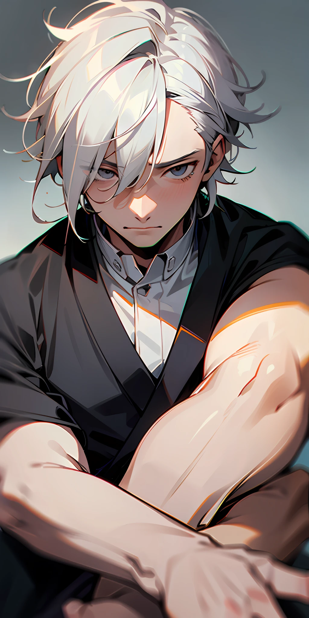 Masterpiece, best details, great quality, ecchi style, man with tired and gray eyes, white hair