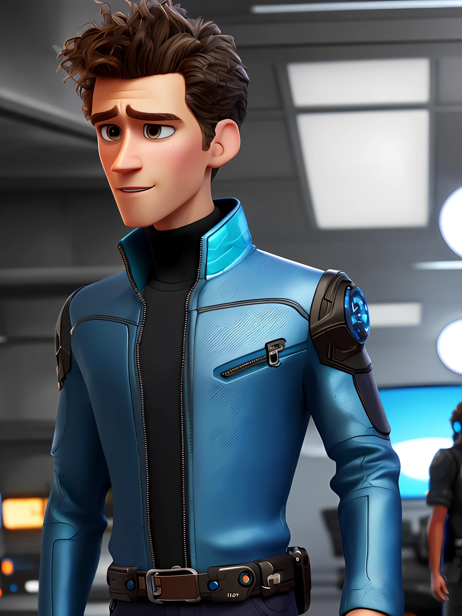 pixarstyle,portrait of a male character,light brown curly hair,grey eyes,detailed eyes,blue clothing,cyberpunk black pants,pixar,cartoon