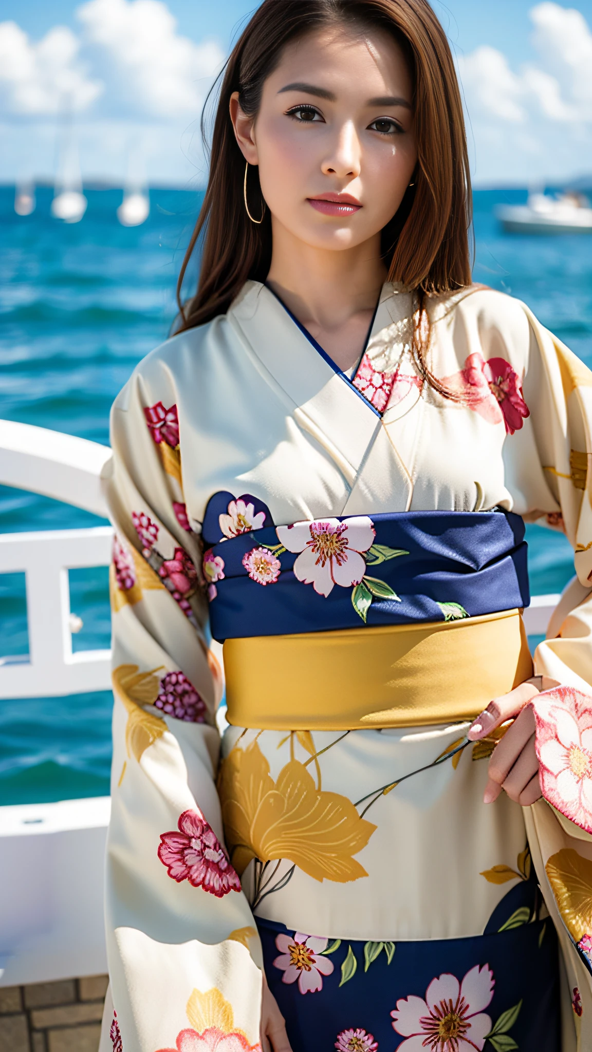 Japan kimono, pale cream color, floral pattern, full body kimono