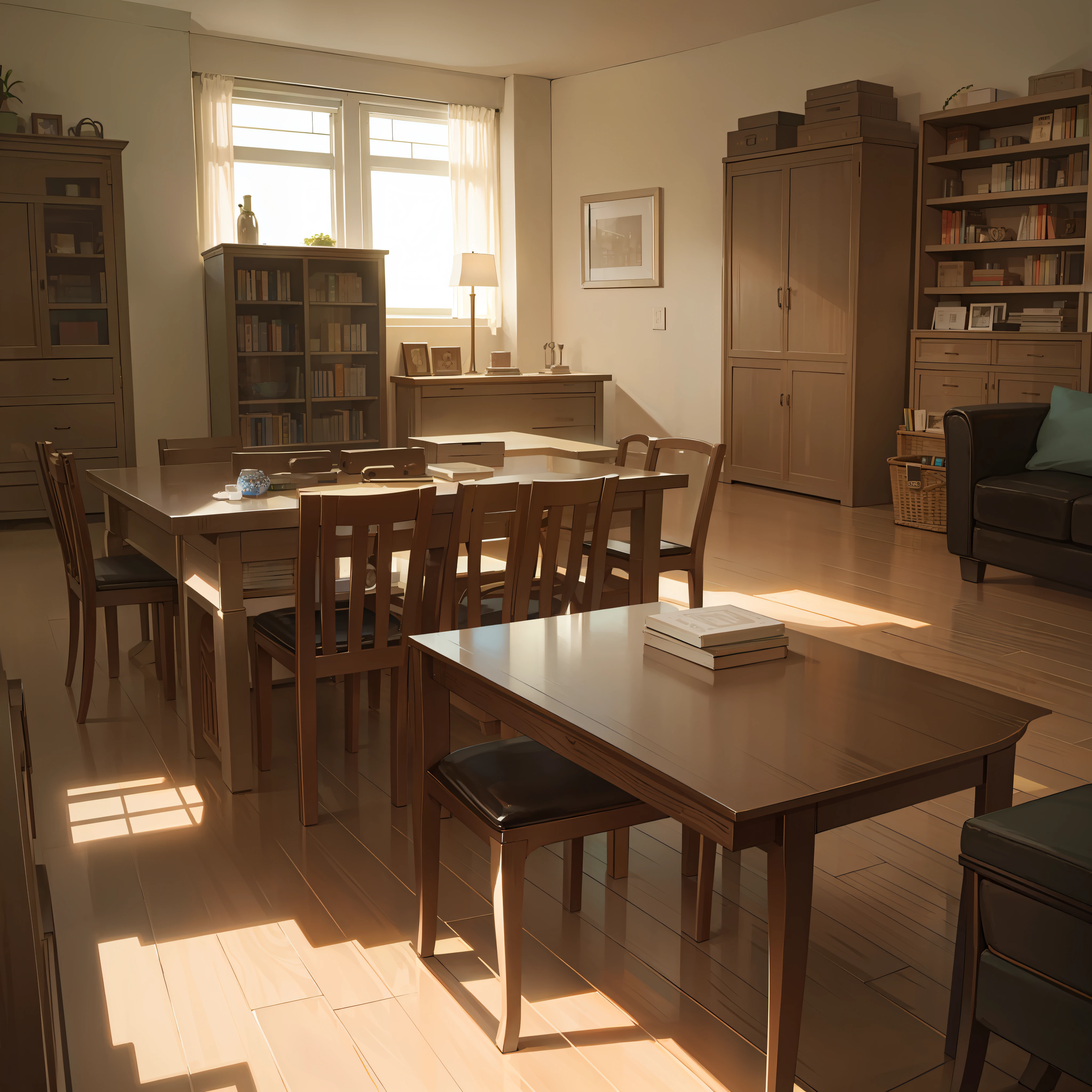 In one room, with a lot of books on the back, on the left is the living room, and the living room has a table and chairs