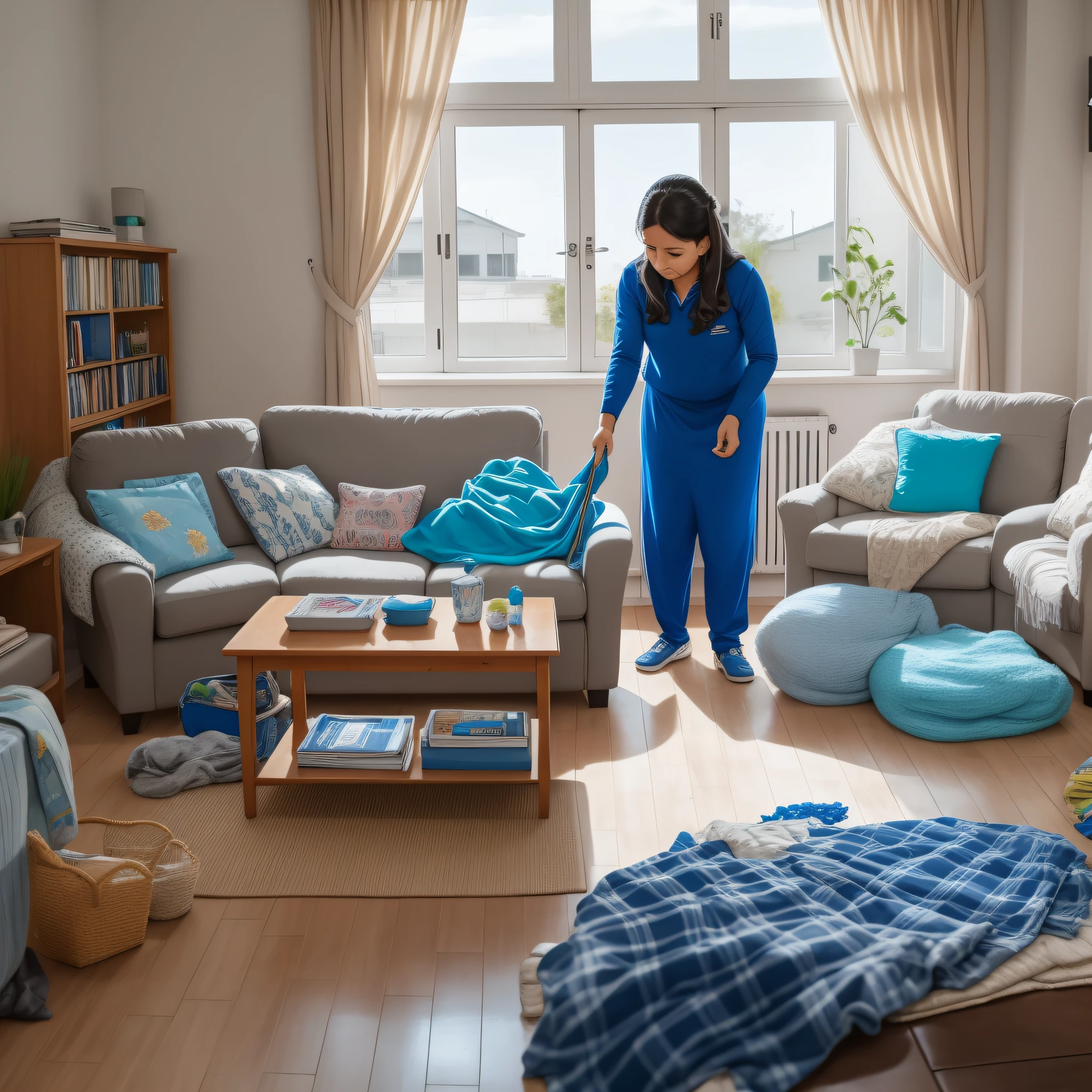 Mother wearing blue clothes cleans the living room, in the living room there are tables and chairs arranged messily, there are clothes and blankets on the chairs, the floor has not been swept so dust appears, the television is on in the room, children are changing school uniforms