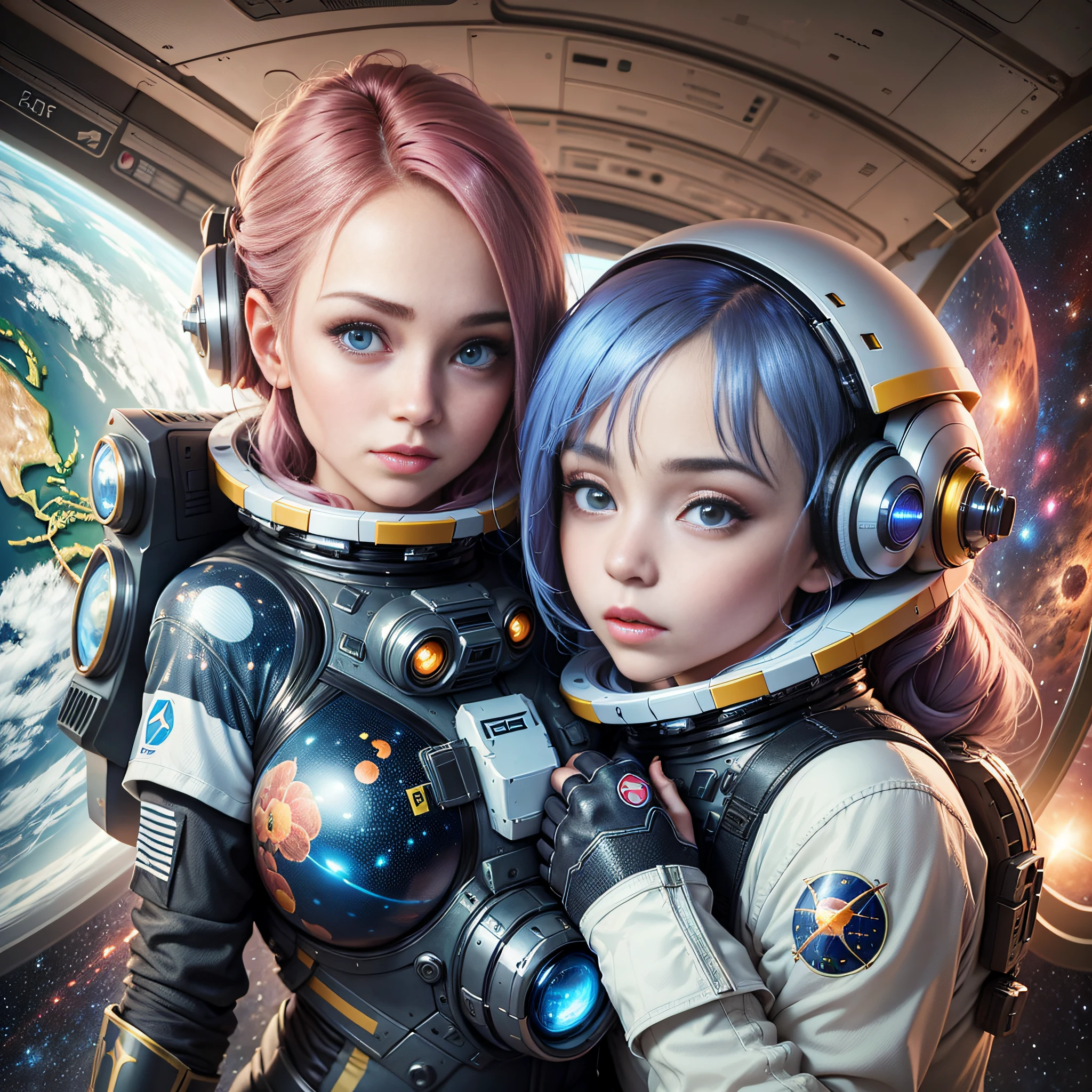 Realistic, 8k, 2girl, two women in futuristic costumes posing for photos in front of the planet, beautiful sci-fi twins, portrait anime space cadet girl