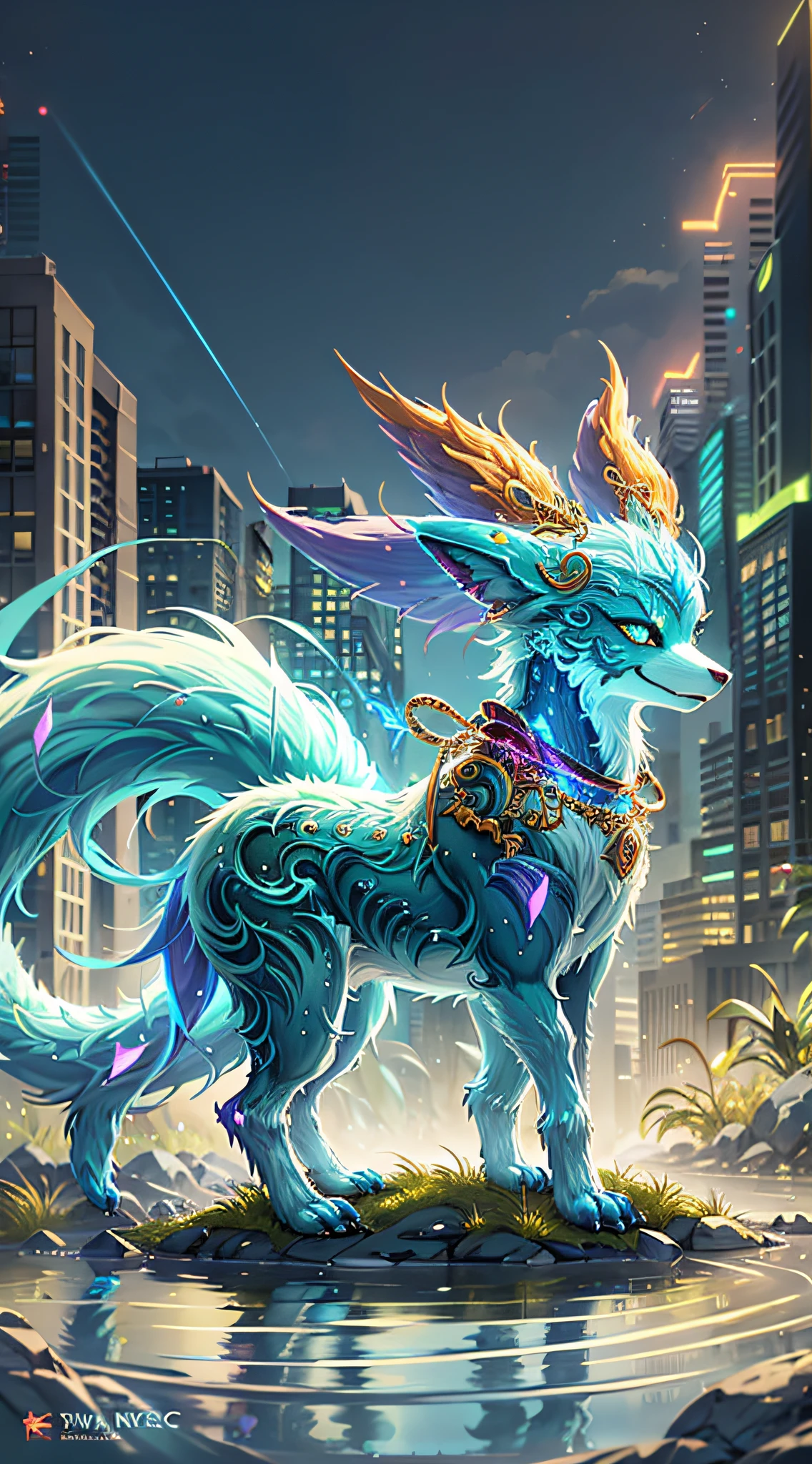 Fantastic Beasts concept art, colorful crystal glass nine-tailed fox mythical beast design with sparkling tail, ancient Chinese mythology, lady luck cloud background beast, glowing yellow eyes, epic HD CG rendering, majestic, lifelike, aqua blue like the sea, reflection, cinematic post-processing, lots of fine detail, depth of field, surrealism and cyberpunk style, octane rendering, fantasy engineering 32K,