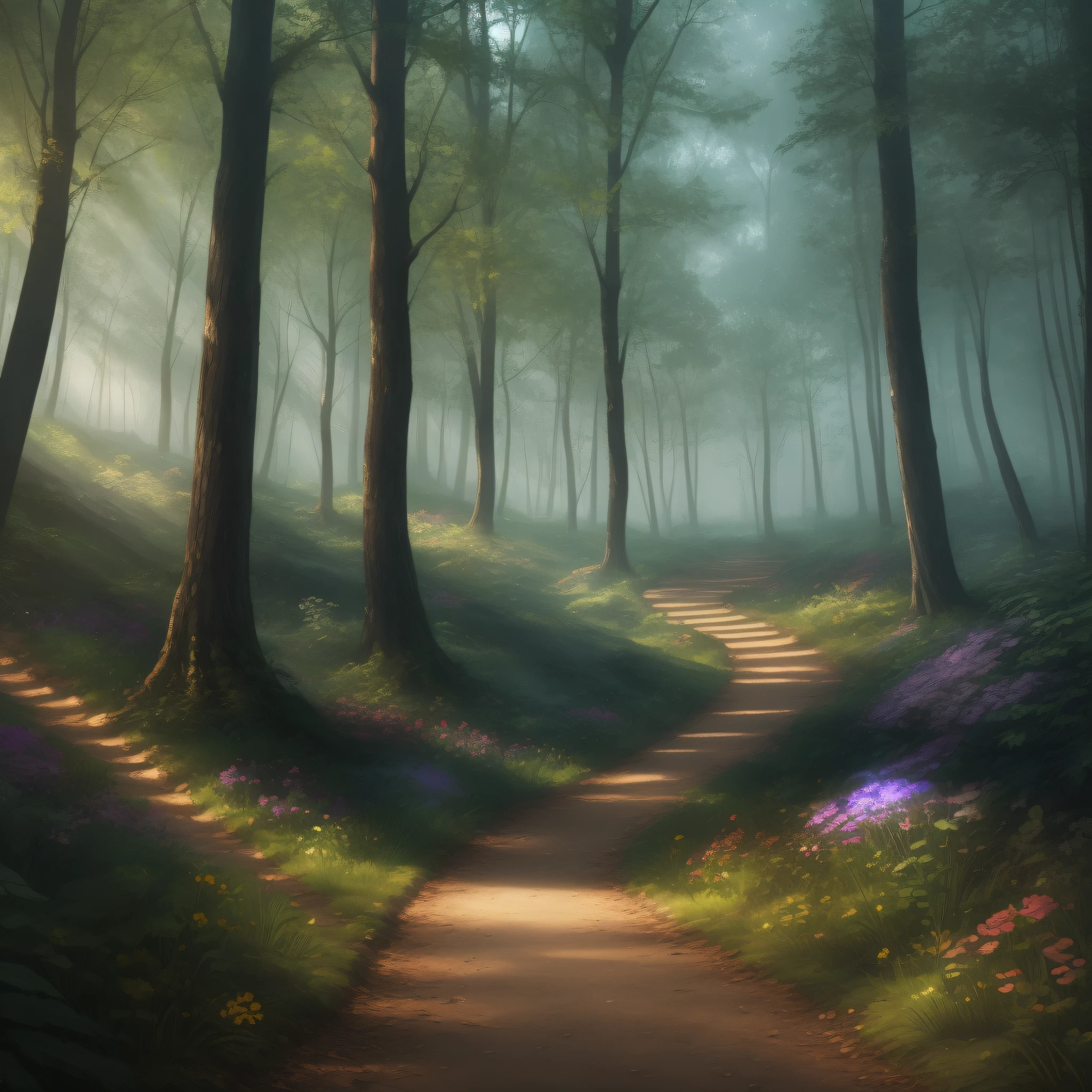 a path in the woods with lights on it and flowers growing on the side of it, with a path leading to the right , chaingirldark style environment, dynamic lighting, photorealistic fantasy concept art, trending on art station, stunning visuals, creative, cinematic, ultra detailed --auto --s2