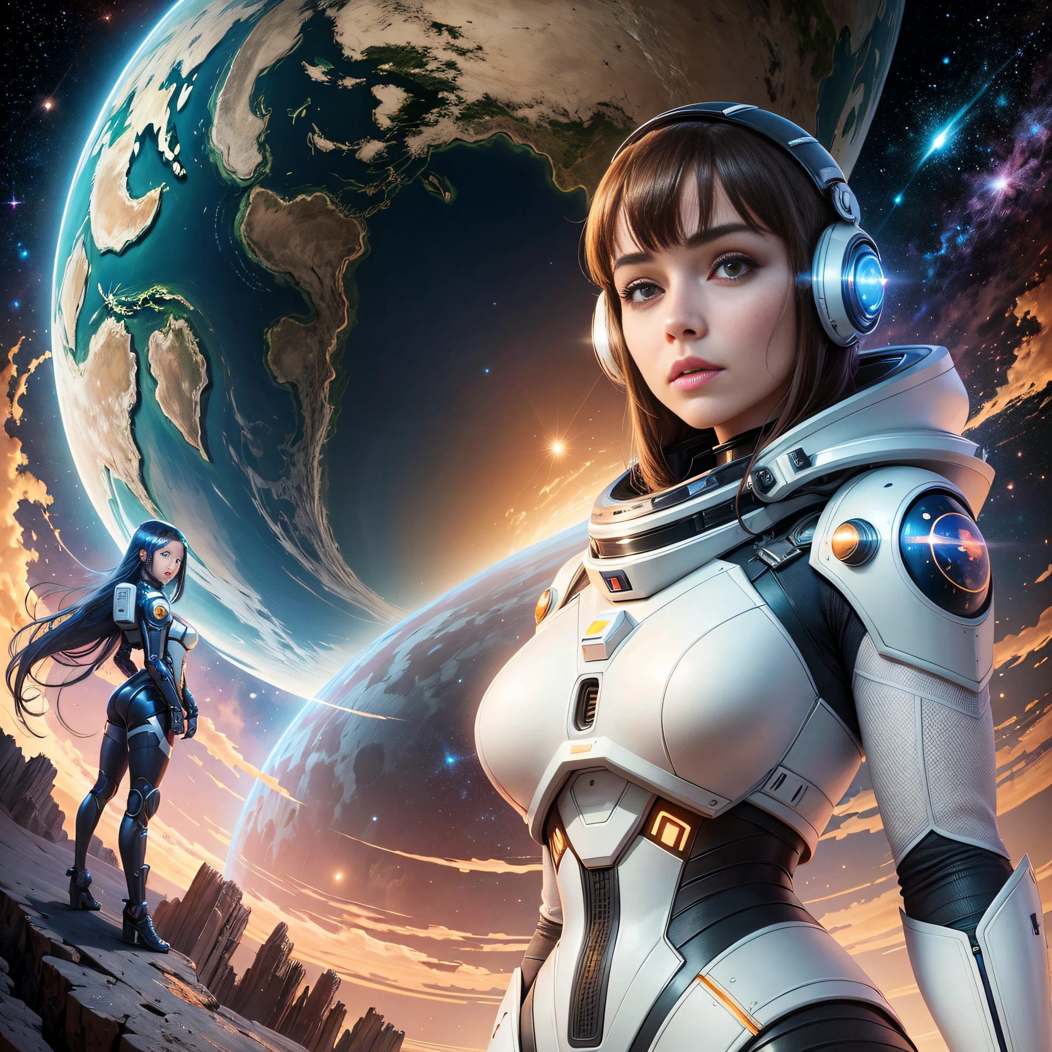 Realistic, 8k, 2girl, two women in futuristic costumes posing for photos in front of the planet, beautiful sci-fi twins, portrait anime space cadet girl