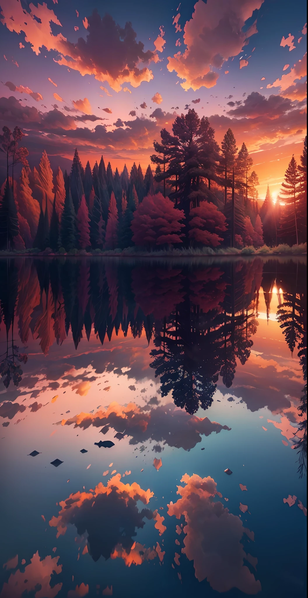 There is a beautiful sunset with lake and trees in the background, colorful sky, surreal colors, colorful sunsets, marvelous sky reflections, amazing sky, fantastic atmosphere 8K, colorful clouds, colors reflected on the lake, surreal sky, red and blue reflections, fire reflections, beautiful sky, beautiful and spectacular dusk, beautiful dream landscape, amazing sky, sparkling lake