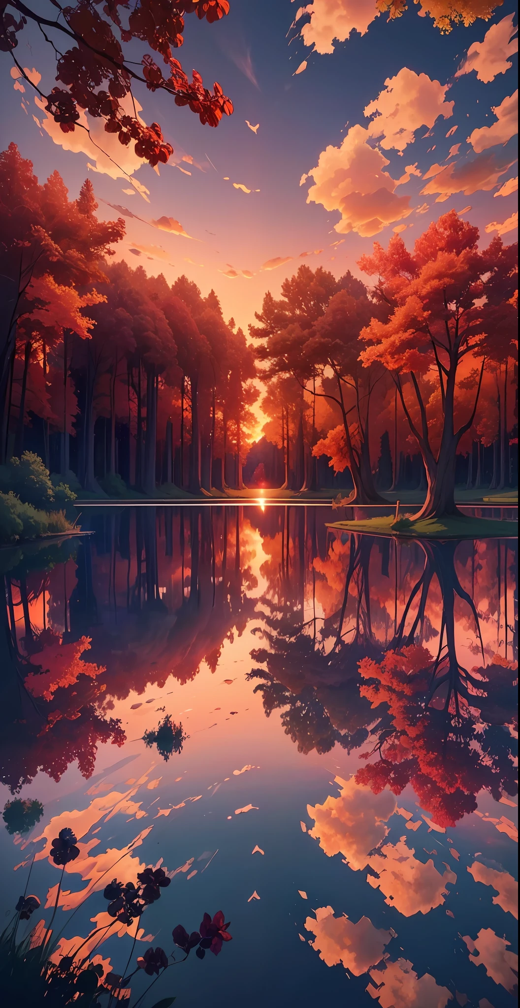 There is a beautiful sunset with lake and trees in the background, colorful sky, surreal colors, colorful sunsets, marvelous sky reflections, amazing sky, fantastic atmosphere 8K, colorful clouds, colors reflected on the lake, surreal sky, red and blue reflections, fire reflections, beautiful sky, beautiful and spectacular dusk, beautiful dream landscape, amazing sky, sparkling lake