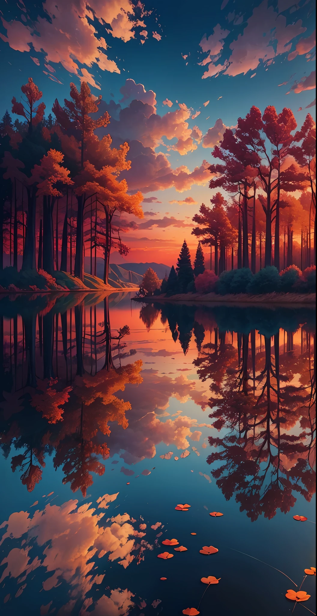 There is a beautiful sunset with lake and trees in the background, colorful sky, surreal colors, colorful sunsets, marvelous sky reflections, amazing sky, fantastic atmosphere 8K, colorful clouds, colors reflected on the lake, surreal sky, red and blue reflections, fire reflections, beautiful sky, beautiful and spectacular dusk, beautiful dream landscape, amazing sky, sparkling lake