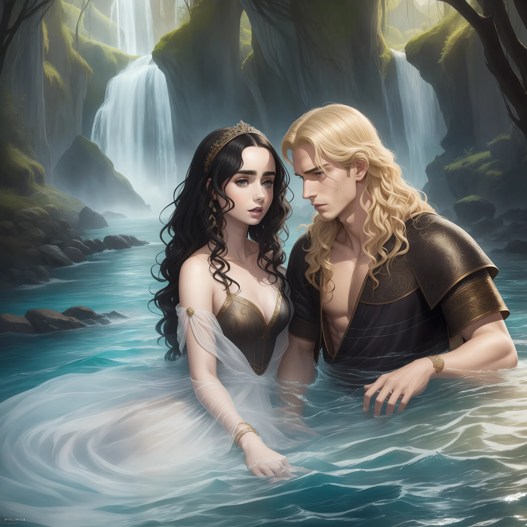 Lily Collins curly black hair, with faded medieval wax; and the prince with straight blond hair Neels Visser who wears medieval ceroula; The two are swimming together in a river of crystal clear waters, novel book scene, masterpiece, best quality, ultra-detailed, illustration, extraordinary image