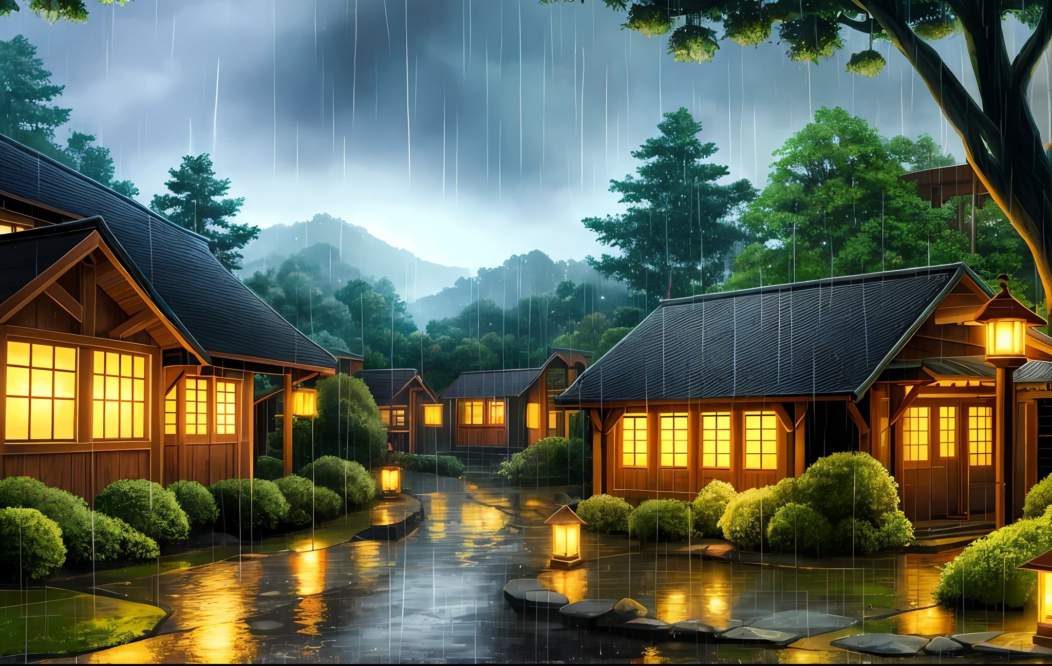 scenery, forest, village, well, rain, night, lantern,