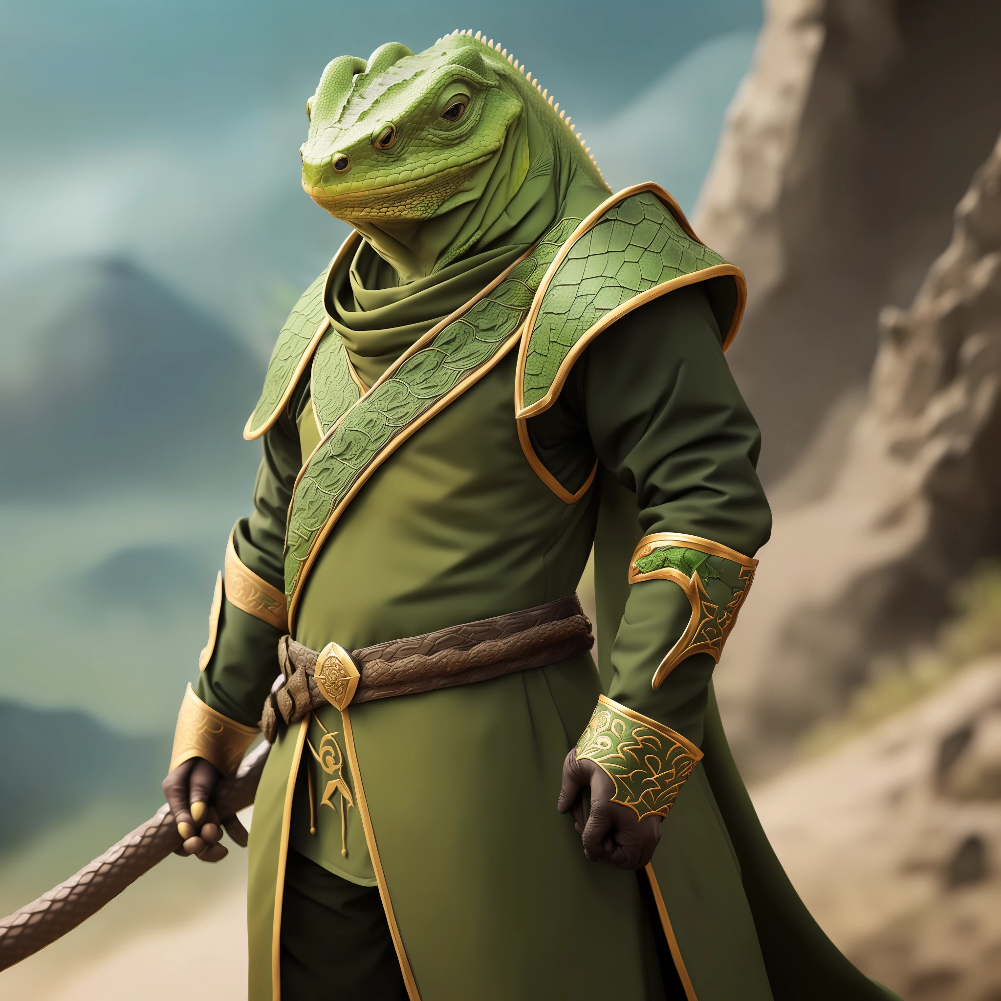(Dark olive green black adventuring lizardman), (((lizard head))), (((stoic expression))), (((wearing Mongolian ranger vestments embroidered with draconic runes))), exploring wintery Mongolian steppe, (good anatomy:1.0), masterpiece, perfect lighting, 8k