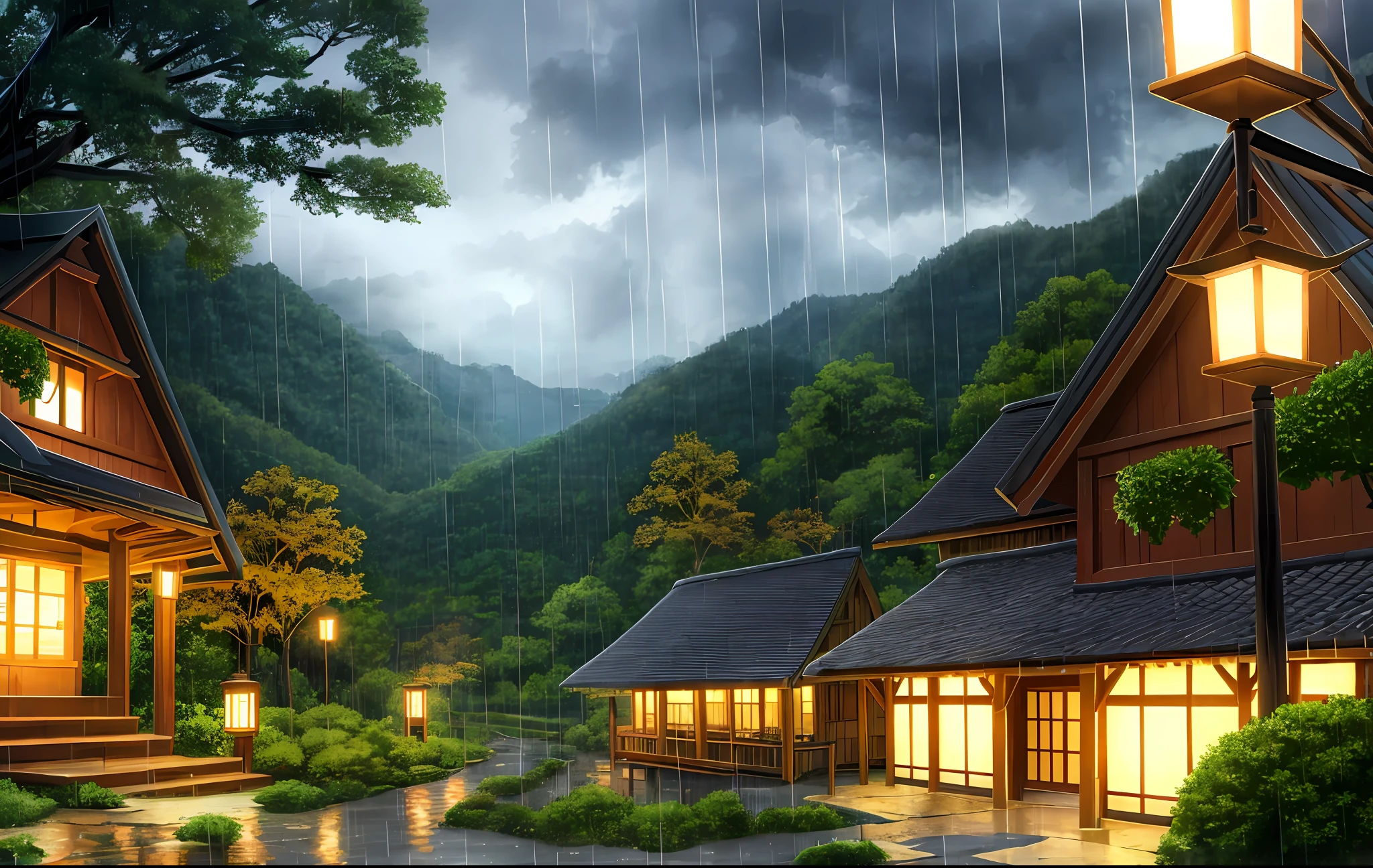 scenery, forest, village, well, rain, night, lantern,