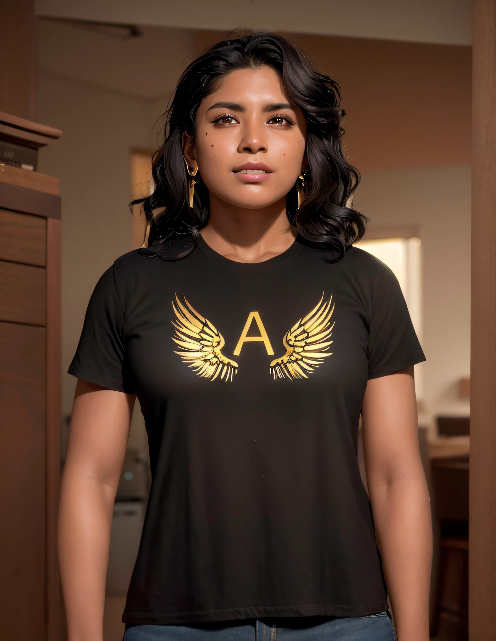 a 29-year-old brown woman, with shoulder hair, earrings, wearing a black shirt with golden wings, golden wings, letter a, Athena, by Almeida Júnior