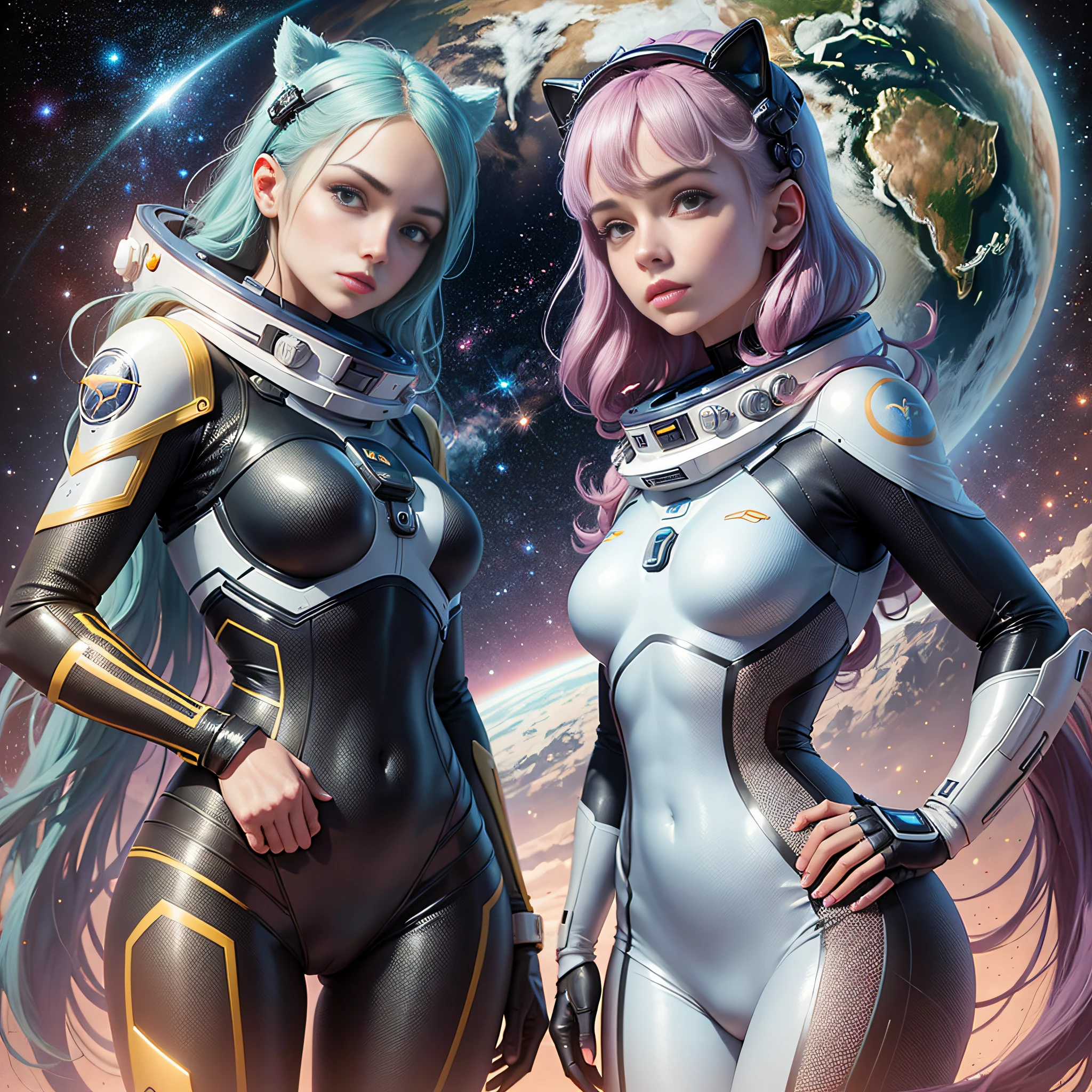 Realistic, 8k, 2girl, two women in futuristic costumes posing for photos in front of the planet, beautiful sci-fi twins, portrait anime space cadet girl