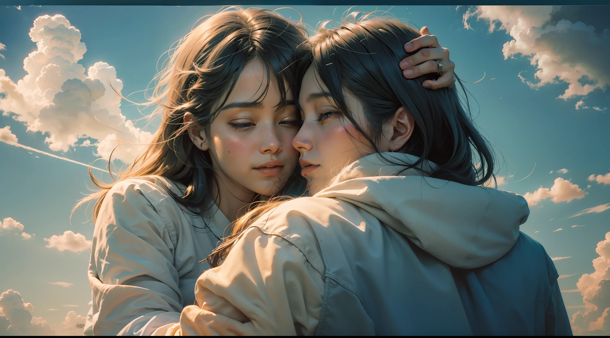 (handmade), (canvas art), (beautiful), (realistic), (abstract), (Dios welcoming each other), (person being embraced by God), (soft clouds), (vibrant blue sky), (twilight light), (emotional)