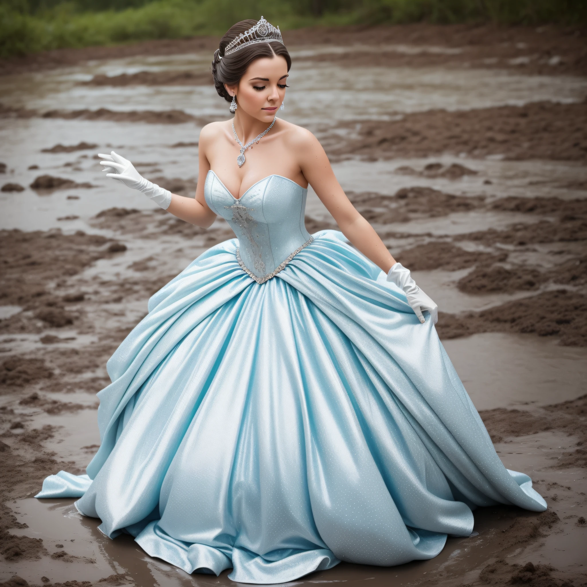Cinderella eagerly put on the beautiful silver ballgown, slipped on the delicate, long, white gloves and the shimmering silver stilettoss, and placed the sparkling tiara atop her immaculate updo. She also adorned herself with the beautiful jewelry. Once she was fully dressed, Cinderella took a deep breath and dove into the mud with abandon. She rolled around in the thick mud, feeling it squish and squelch against her skin and soak into her gown.