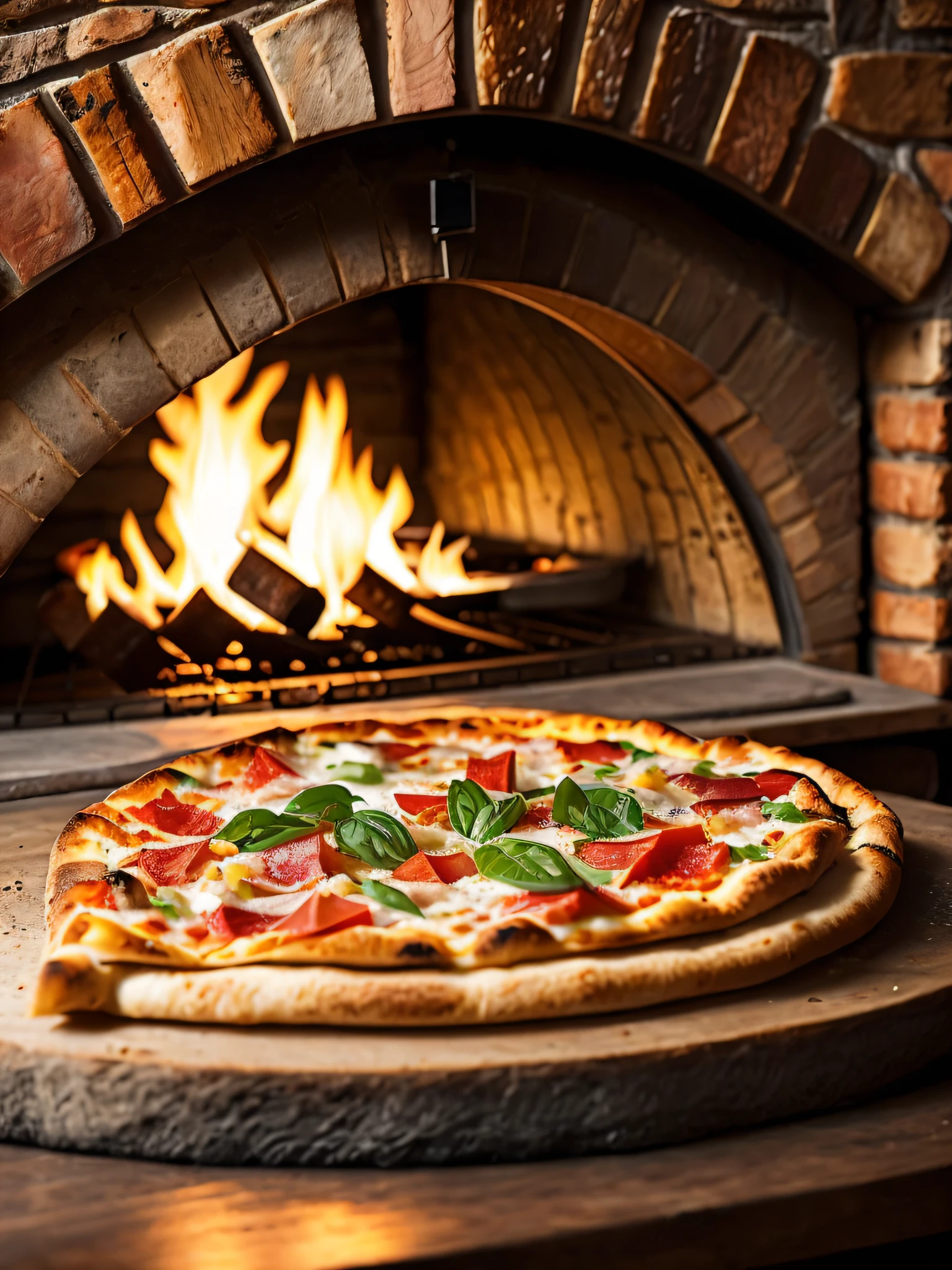 Macro photo of a slice of delicious pizza in front of a stone oven, fire oven, light it fire, food photography, advertising photography, macro crisp quality, warm colors, soft light, extremely detailed, beautiful, establishing shot, artistic, hyperrealistic, octane render, cinematic lighting, dramatic lighting, masterpiece, light brazen, extremely detailed