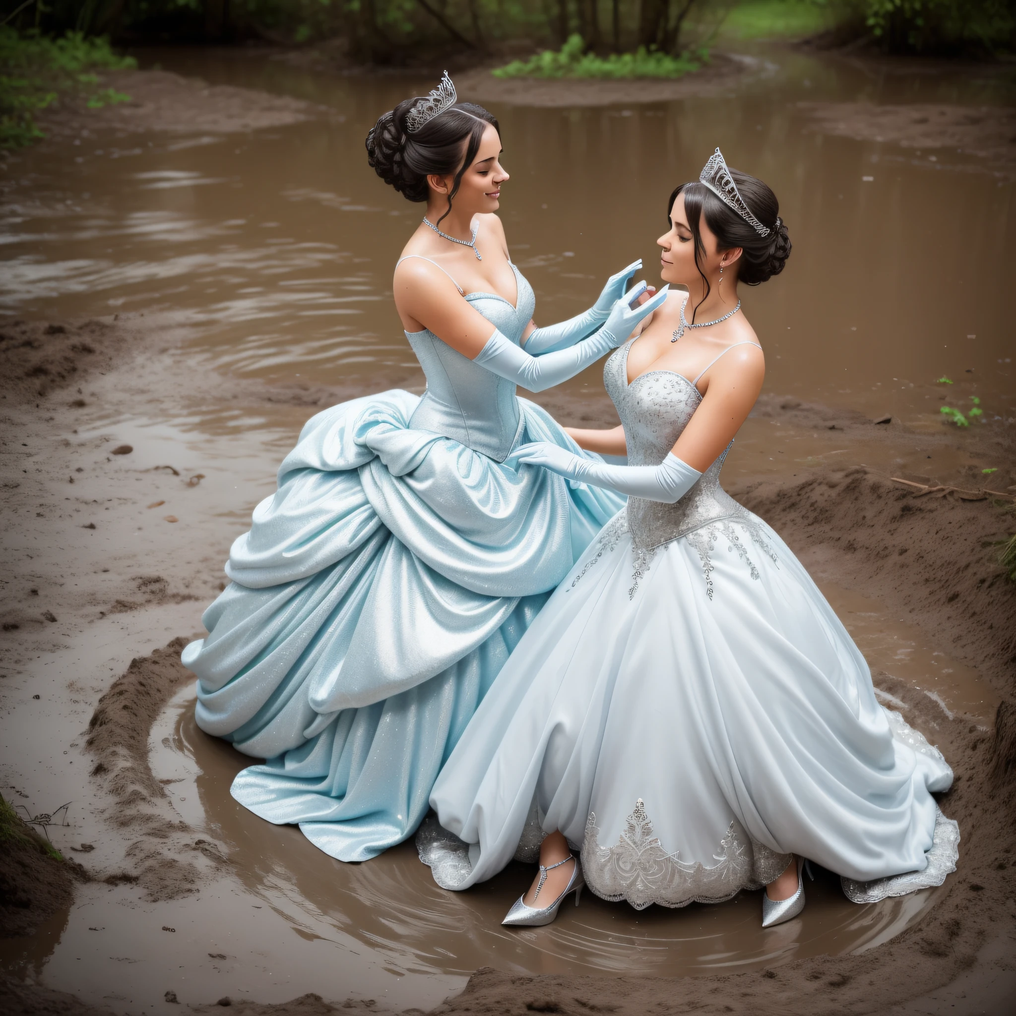 Cinderella eagerly put on the beautiful silver ballgown, slipped on the delicate, long, white gloves and the shimmering silver stilettoss, and placed the sparkling tiara atop her immaculate updo. She also adorned herself with the beautiful jewelry. Once she was fully dressed, Cinderella took a deep breath and dove into the mud with abandon. She rolled around in the thick mud, feeling it squish and squelch against her skin and soak into her gown.