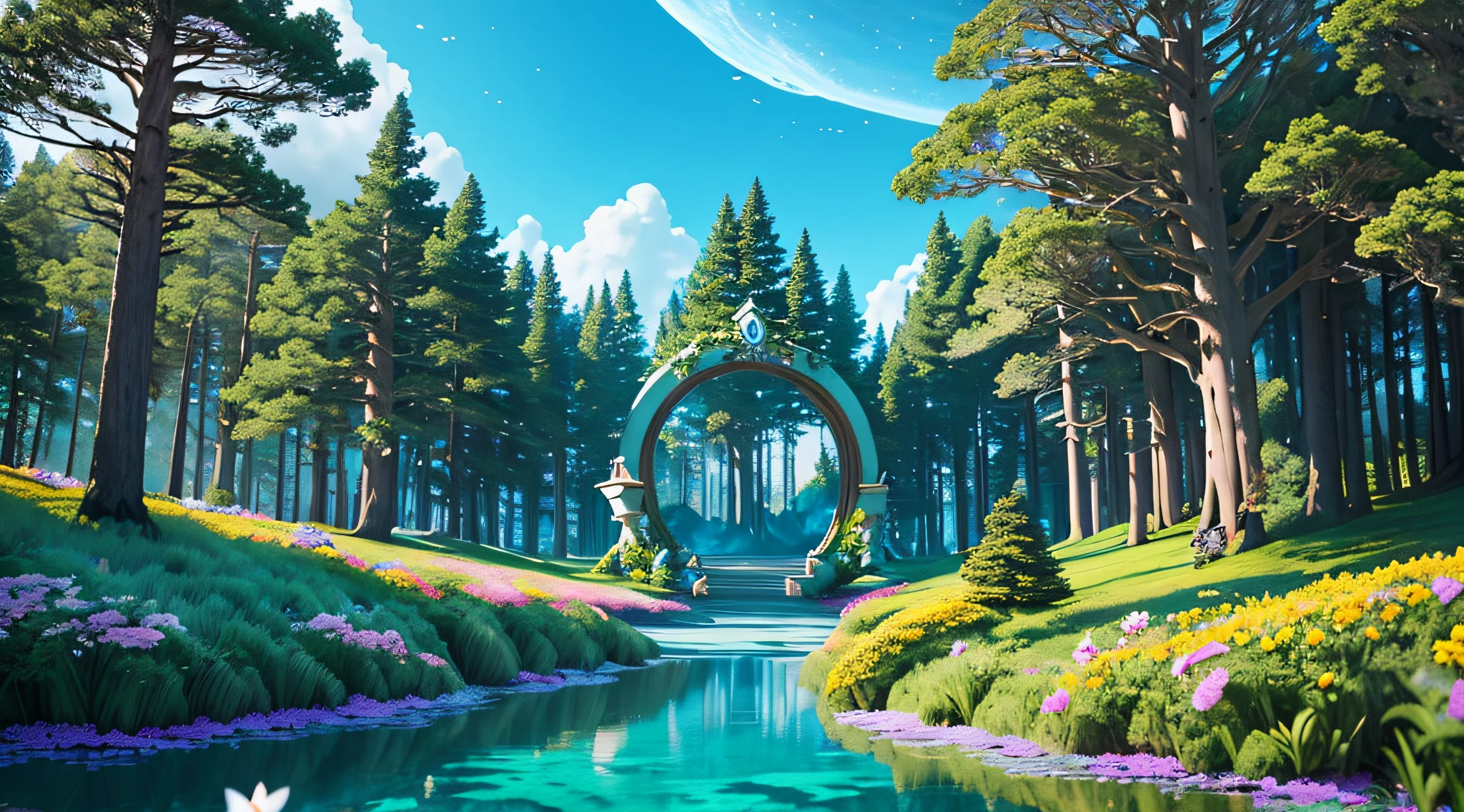 "(Enchanting stunning scenery + animation), (high sky, bright flowers), (enchanting magical environment), (tall trees), (animation + magical portal)
