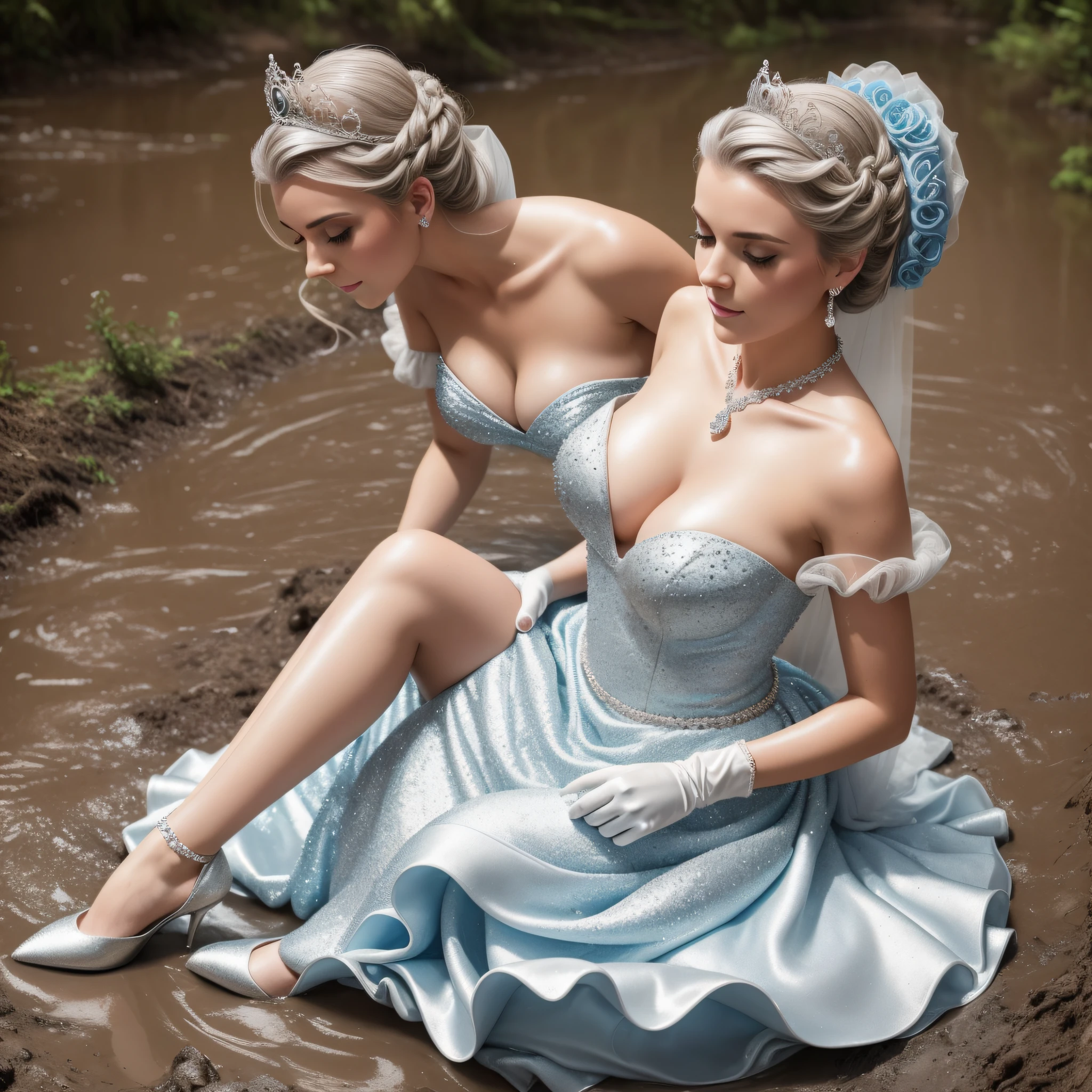 Cinderella eagerly put on the beautiful silver ballgown, slipped on the delicate, long, white gloves and the shimmering silver stilettoss, and placed the sparkling tiara atop her immaculate updo. She also adorned herself with the beautiful jewelry. Once she was fully dressed, Cinderella took a deep breath and dove into the mud with abandon. She rolled around in the thick mud, feeling it squish and squelch against her skin and soak into her gown.