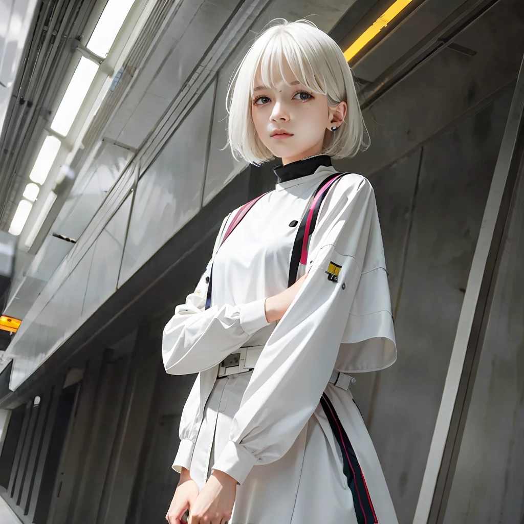 White-haired woman wearing mech