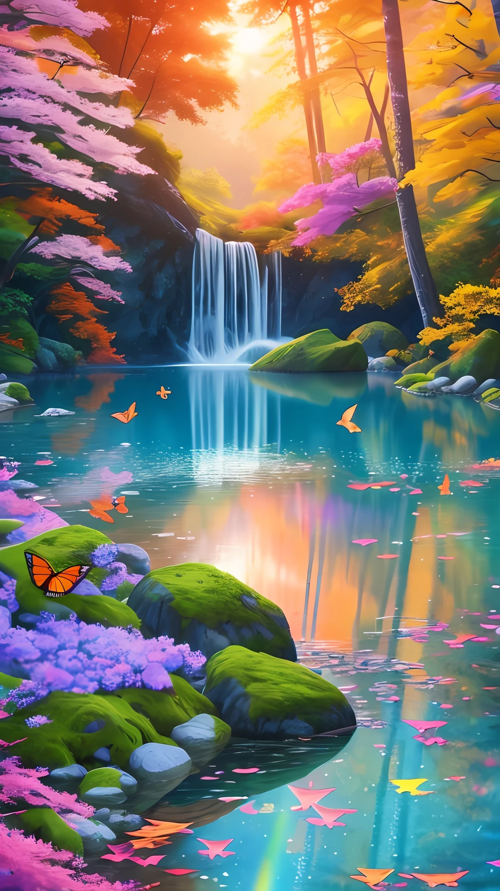 Forest with lake, sunrise, warm colors, water with reflection, butterflies, blue flowers, mini waterfall, typical fish of Japan, digital art, soft colors, ultra HD, rainbow in the background. --auto --s2