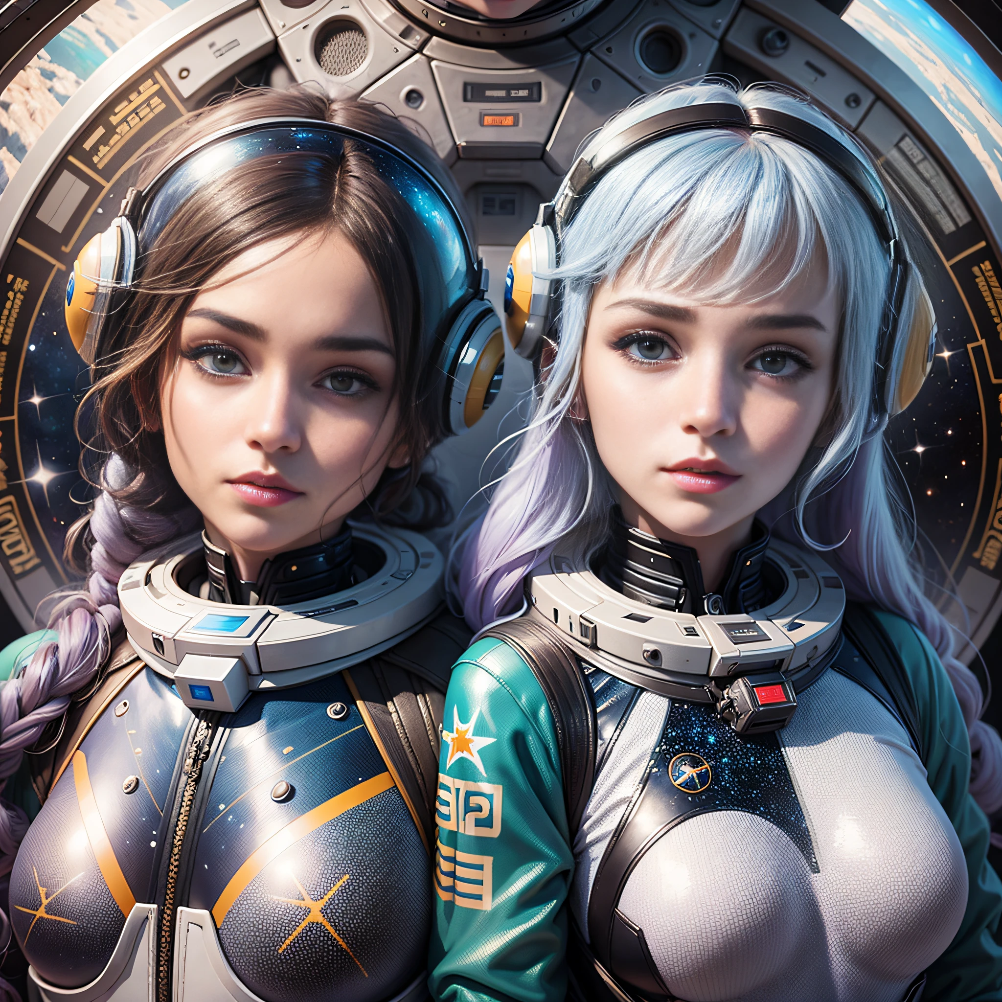 Realistic, 8k, 2girl, two women in futuristic costumes posing for photos in front of the planet, beautiful sci-fi twins, portrait anime space cadet girl
