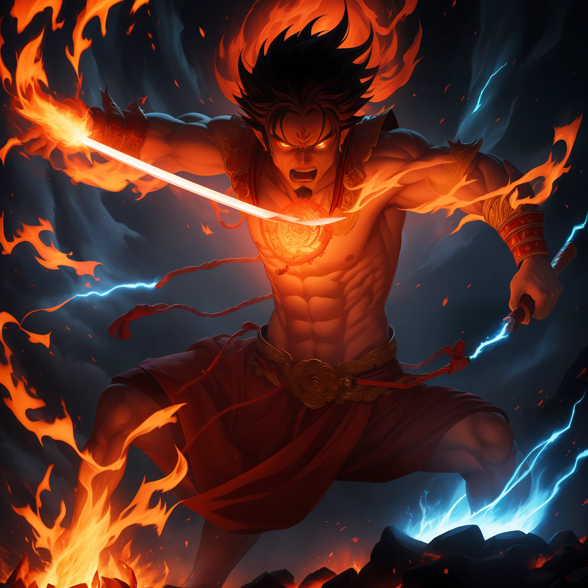 (masterpiece, top quality: 1.2), super detailed, cinematic lighting, HDR, Fudo Myoo dancing in front of a fire, Fudo Myoo, full body, lasso, sword, bright red flames burning behind, bluish skin, terrifying figure, anger, menacing, impressive, dancing sparks, dynamic poses, dynamic angles,