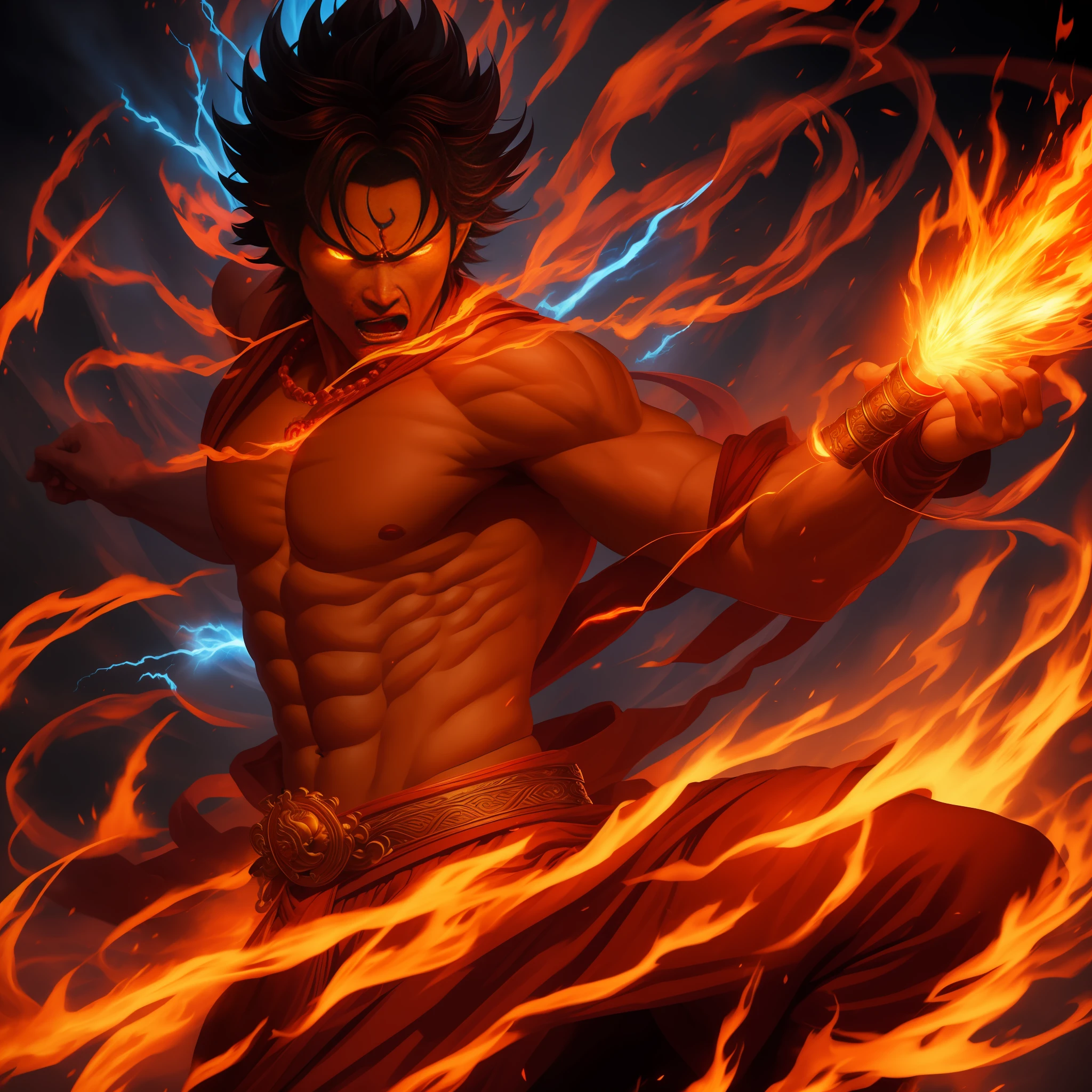 (masterpiece, top quality: 1.2), super detailed, cinematic lighting, HDR, Fudo Myoo dancing in front of a fire, Fudo Myoo, full body, lasso, sword, bright red flames burning behind, bluish skin, terrifying figure, anger, menacing, impressive, dancing sparks, dynamic poses, dynamic angles,