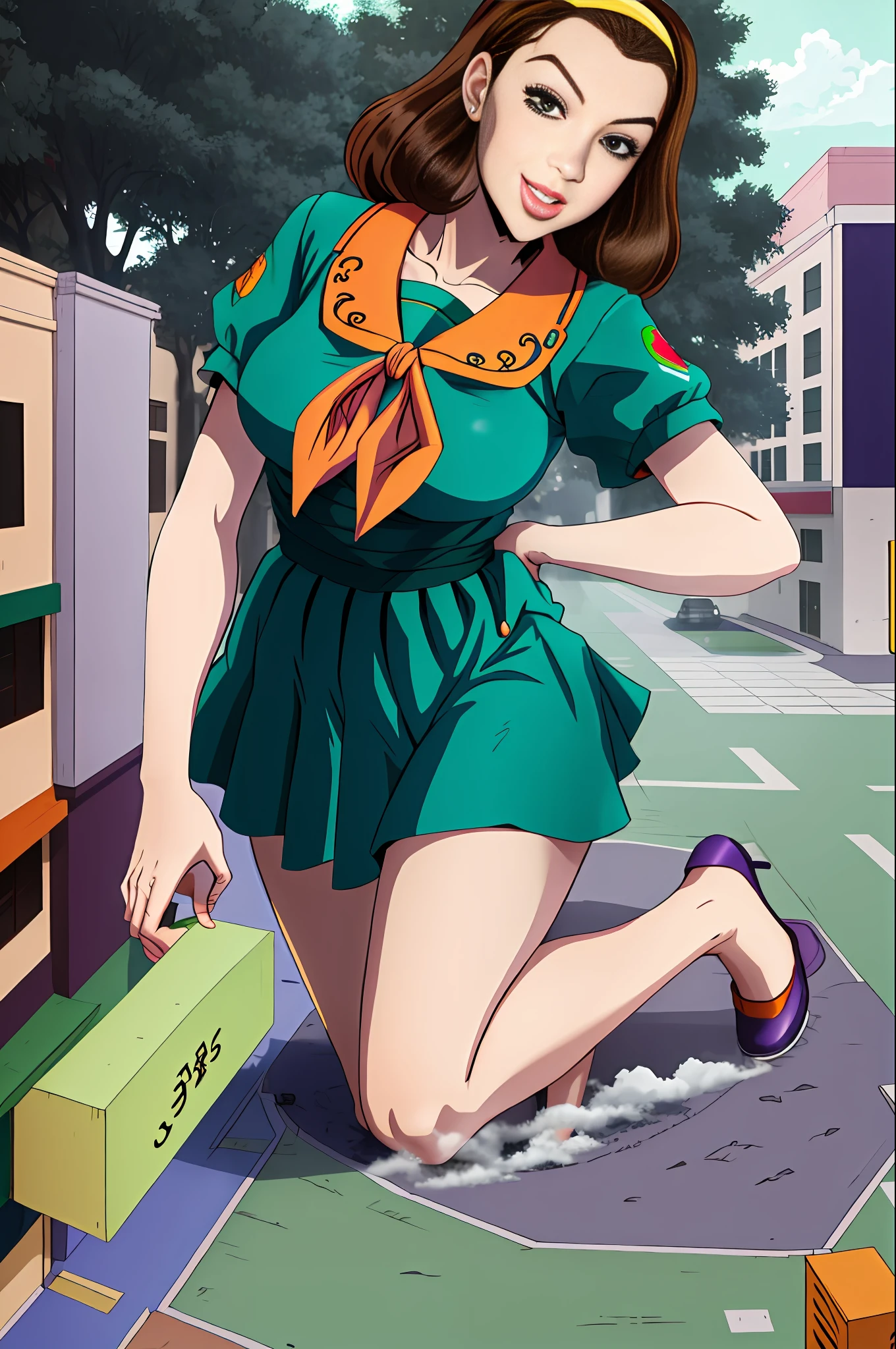 Obra-prima, melhor qualidade, 1Girl, Solo, Gigante, Gigante, (((Towering You)))), (Full Body), Absurdres, ((solo)), 1Girl, Hairband, Medium Small Breasts, Parted Lips, Smile, Serafuku, Green Shirt, Short Sleeves, Purple Neckerchief, (Streets, Outdoors, Orange Sky), Araki Hirohiko (Artstyle), Diamond Wa Kudakenai, Parte Superior do Corpo, Retrato