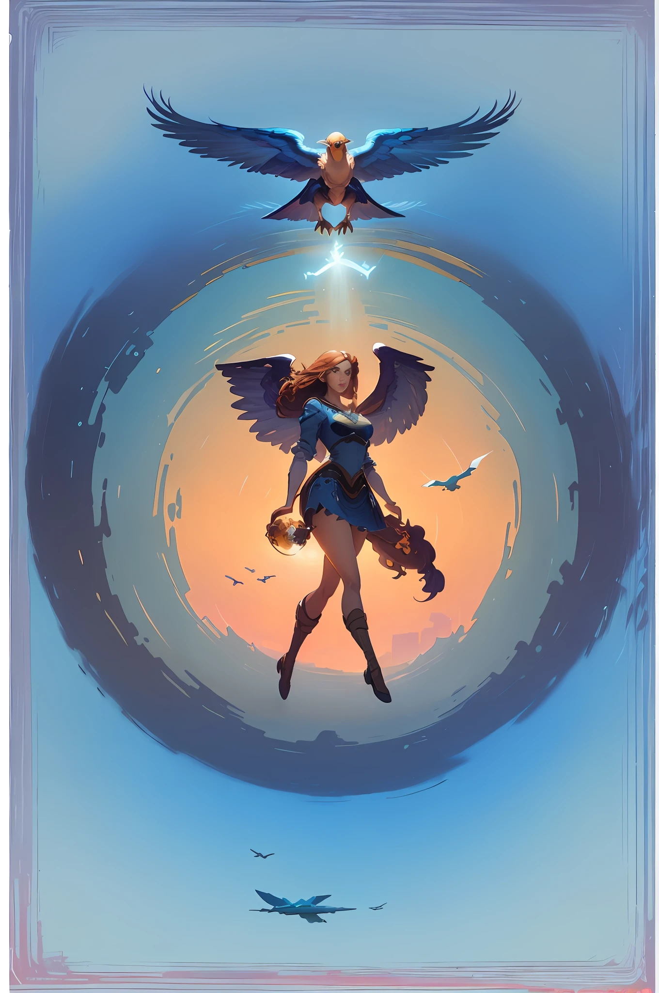 painting of a woman flying with a bird in the sky, rhads and lois van baarle, artgerm julie bell beeple, angelarium, rob rey, peter mohrbacher. unreal engine, peter mohrbacher artstyle, style of peter mohrbacher, peter mohrbacher style, by Anton Fadeev